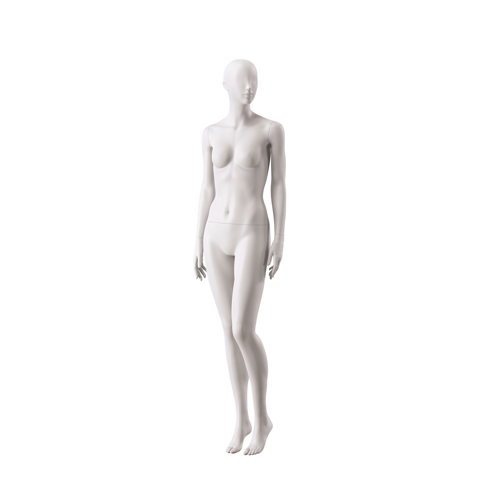 BINK - Basic female window mannequin, semi-abstract head, round tempered glass base, soft clay matt, pose 015