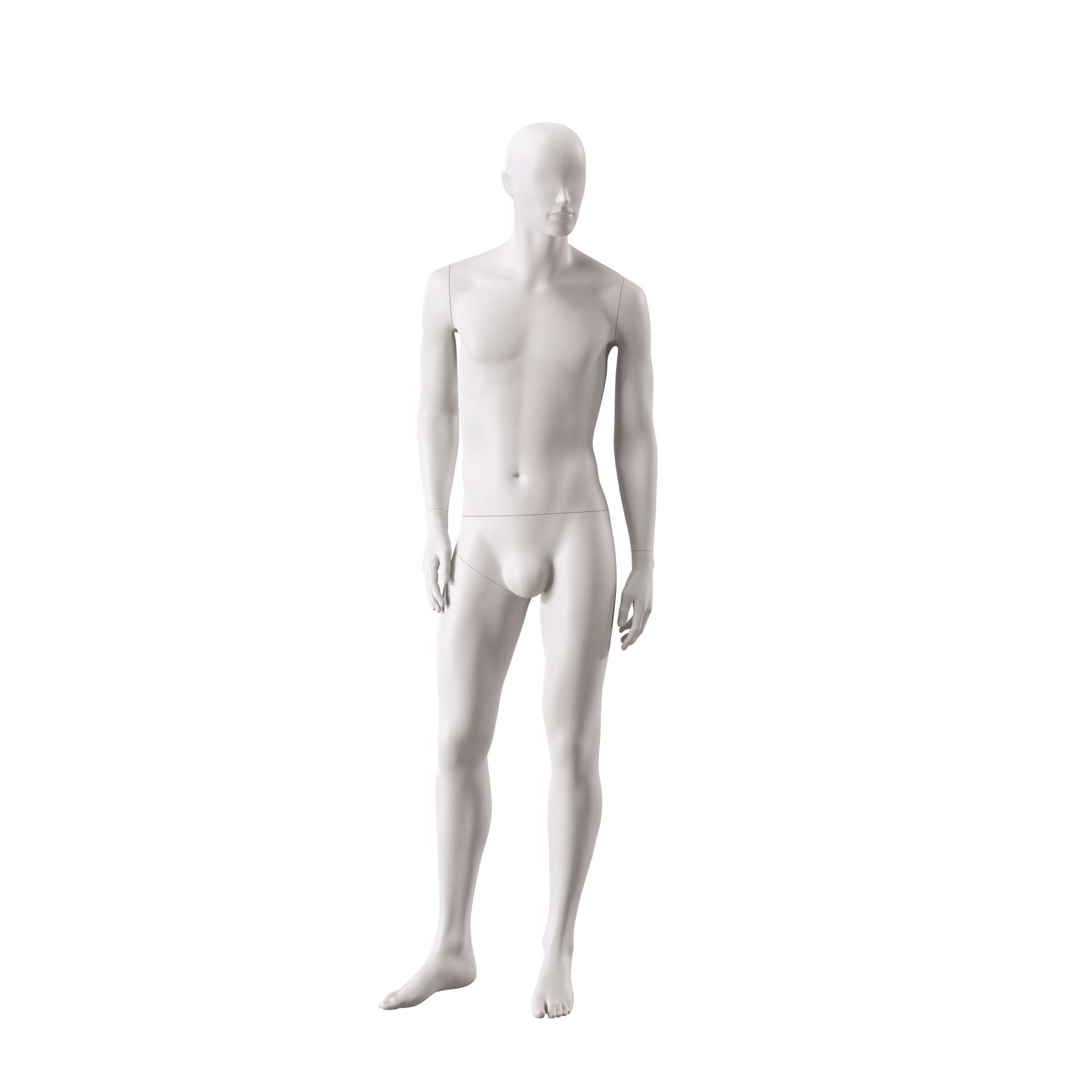 BINK - Basic male window mannequin, semi-abstract head, round tempered glass base, soft clay matt, pose 102