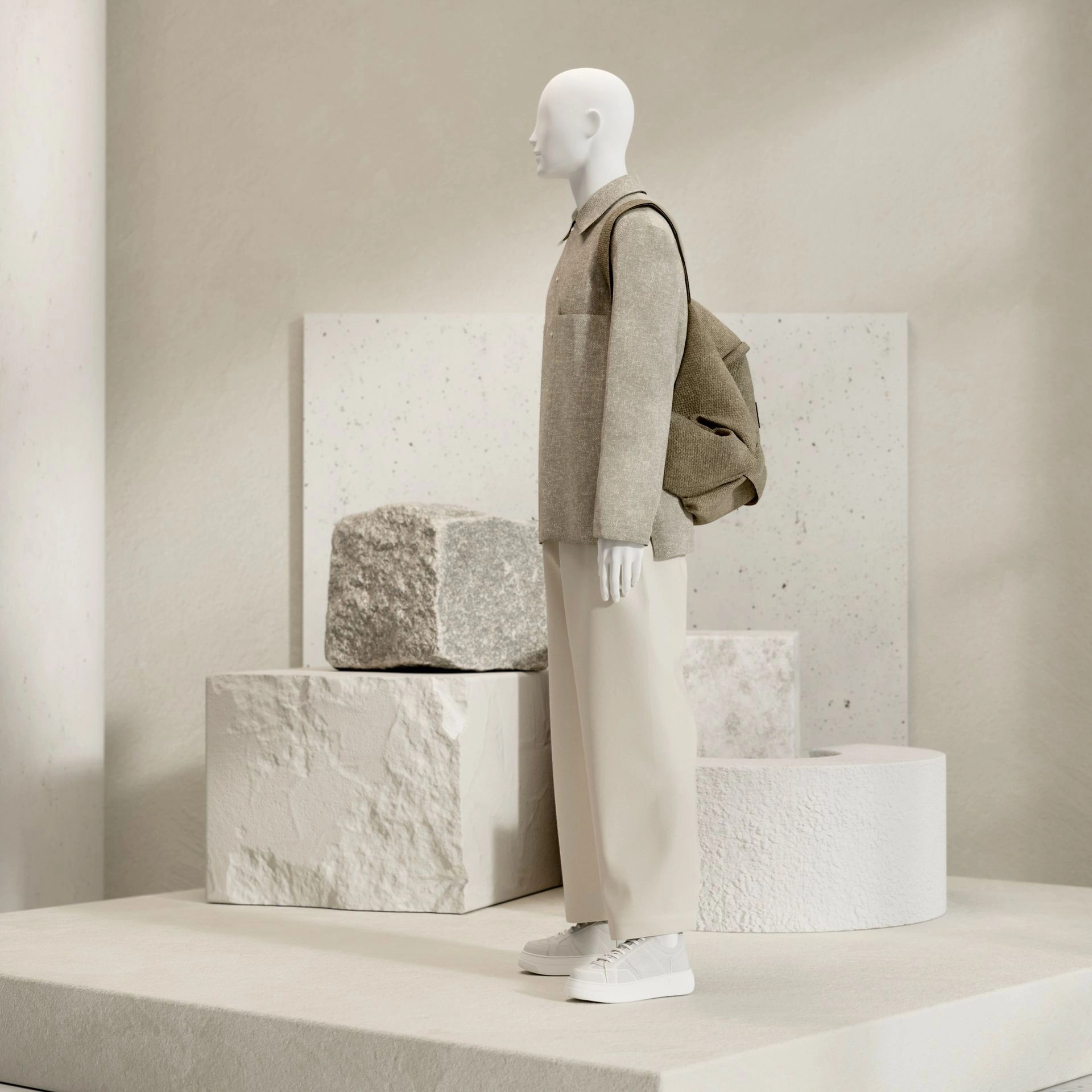 BINK - Basic male window mannequin, semi-abstract head, round tempered glass base, soft clay matt, pose 103