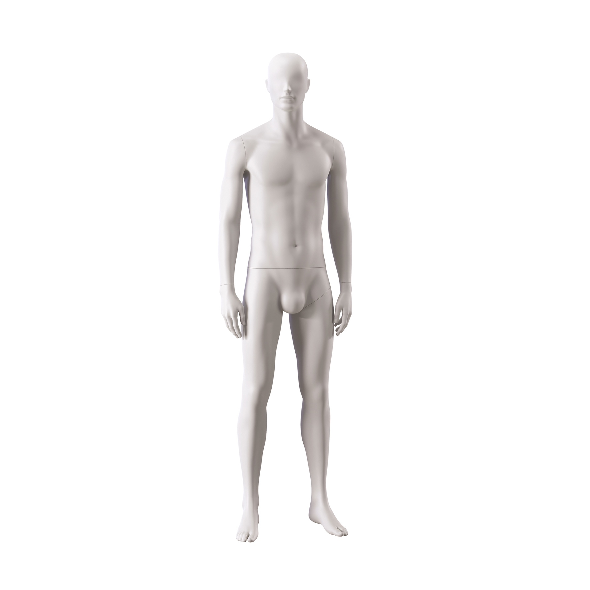 BINK - Basic male window mannequin, semi-abstract head, round tempered glass base, soft clay matt, pose 103
