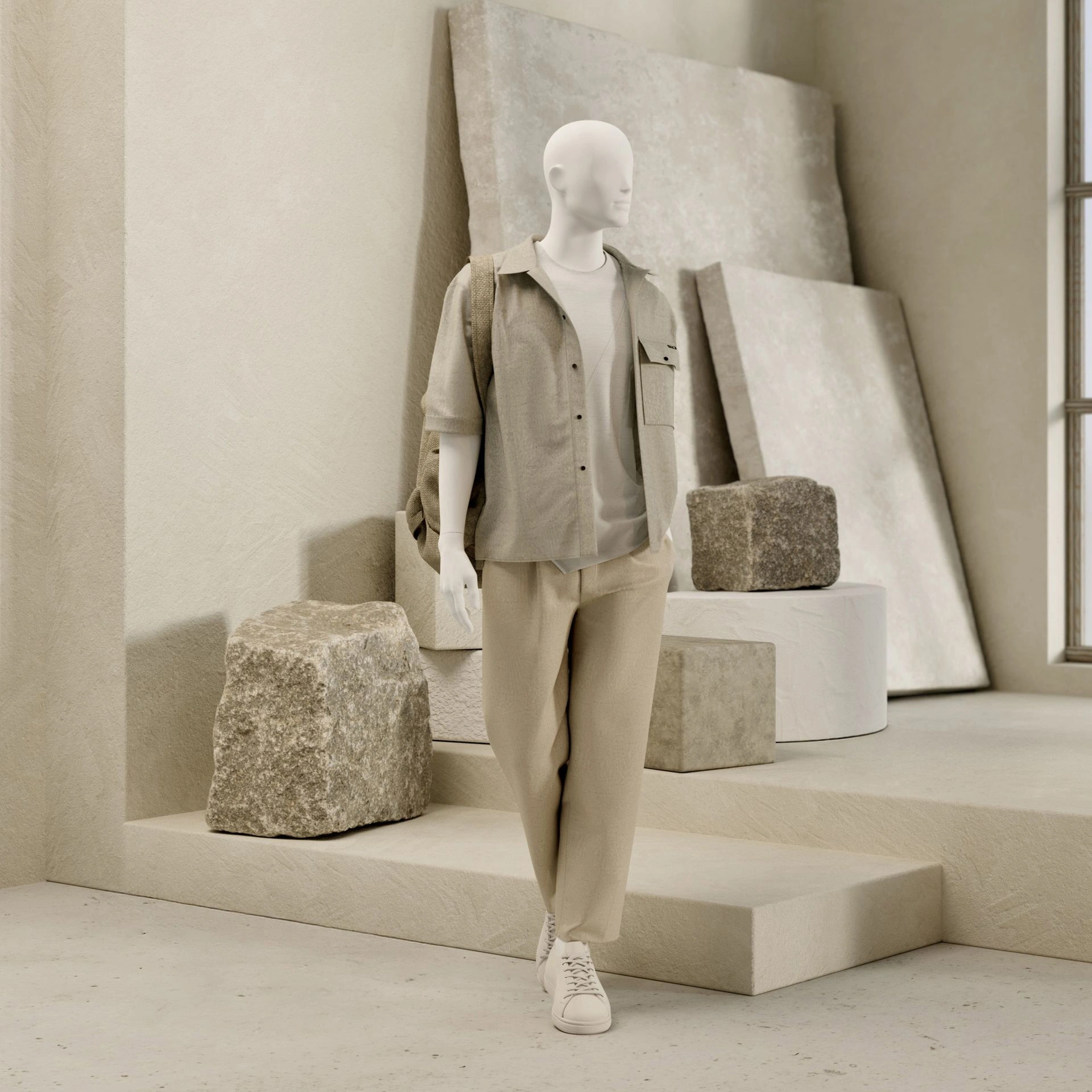 BINK - Basic male window mannequin, semi-abstract head, round tempered glass base, soft clay matt, pose 105