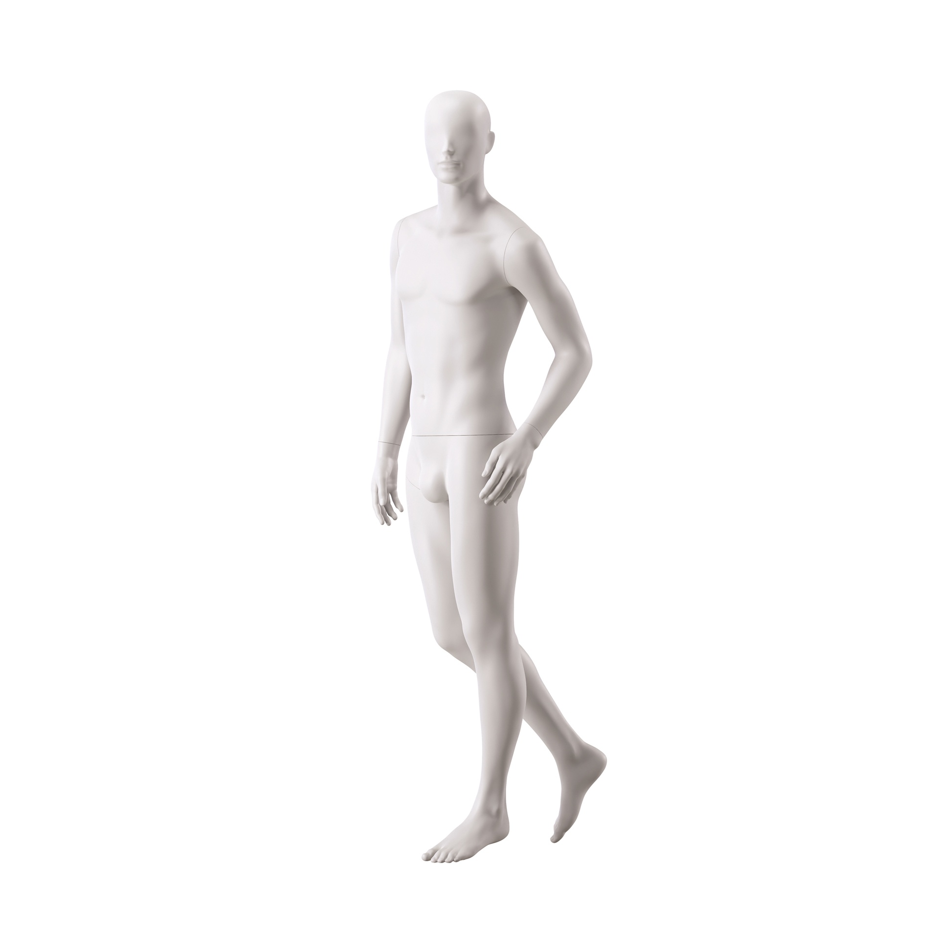 BINK - Basic male window mannequin, semi-abstract head, round tempered glass base, soft clay matt, pose 105