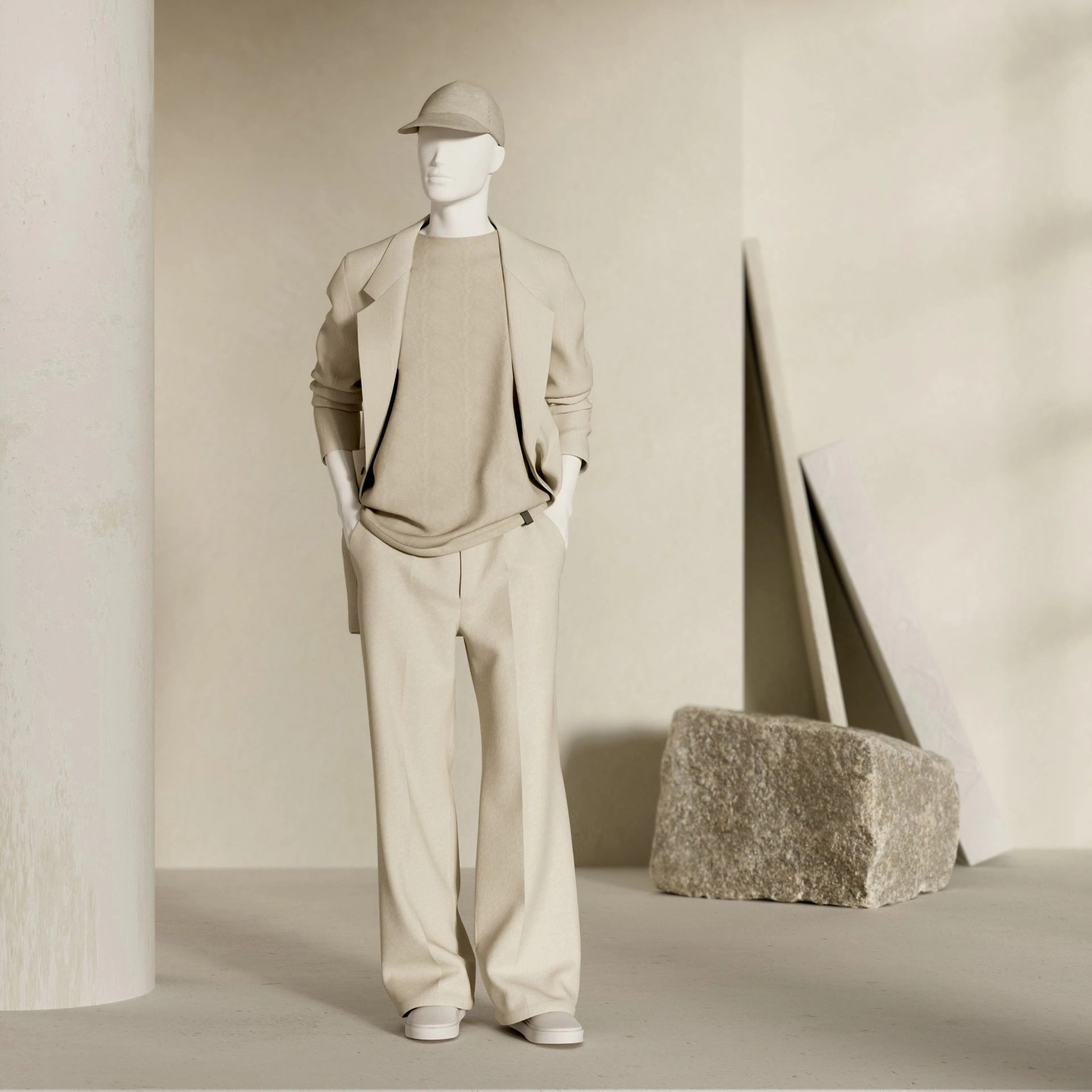 BINK - Basic male window mannequin, semi-abstract head, round tempered glass base, soft clay matt, pose 106