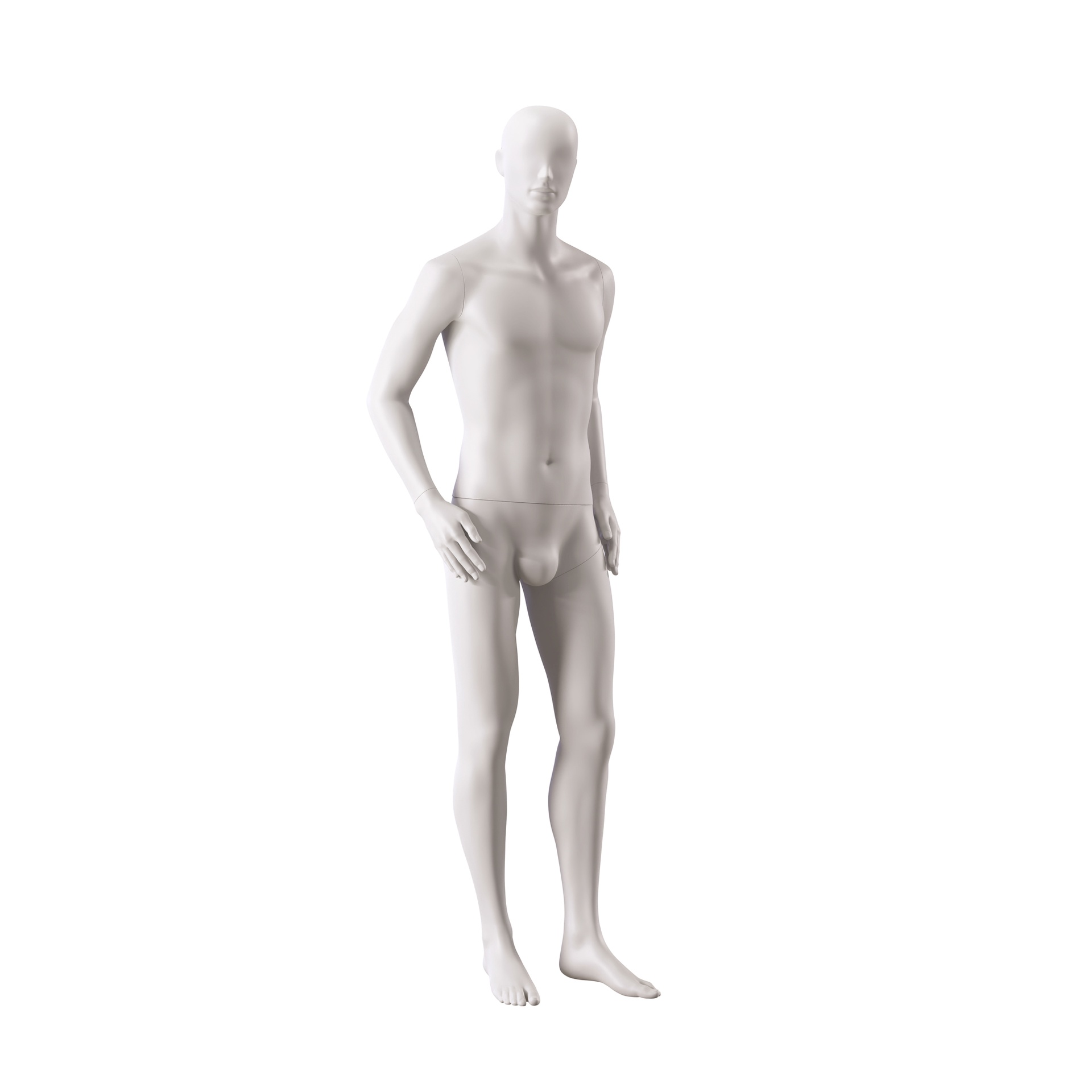 BINK - Basic male window mannequin, semi-abstract head, round tempered glass base, soft clay matt, pose 106
