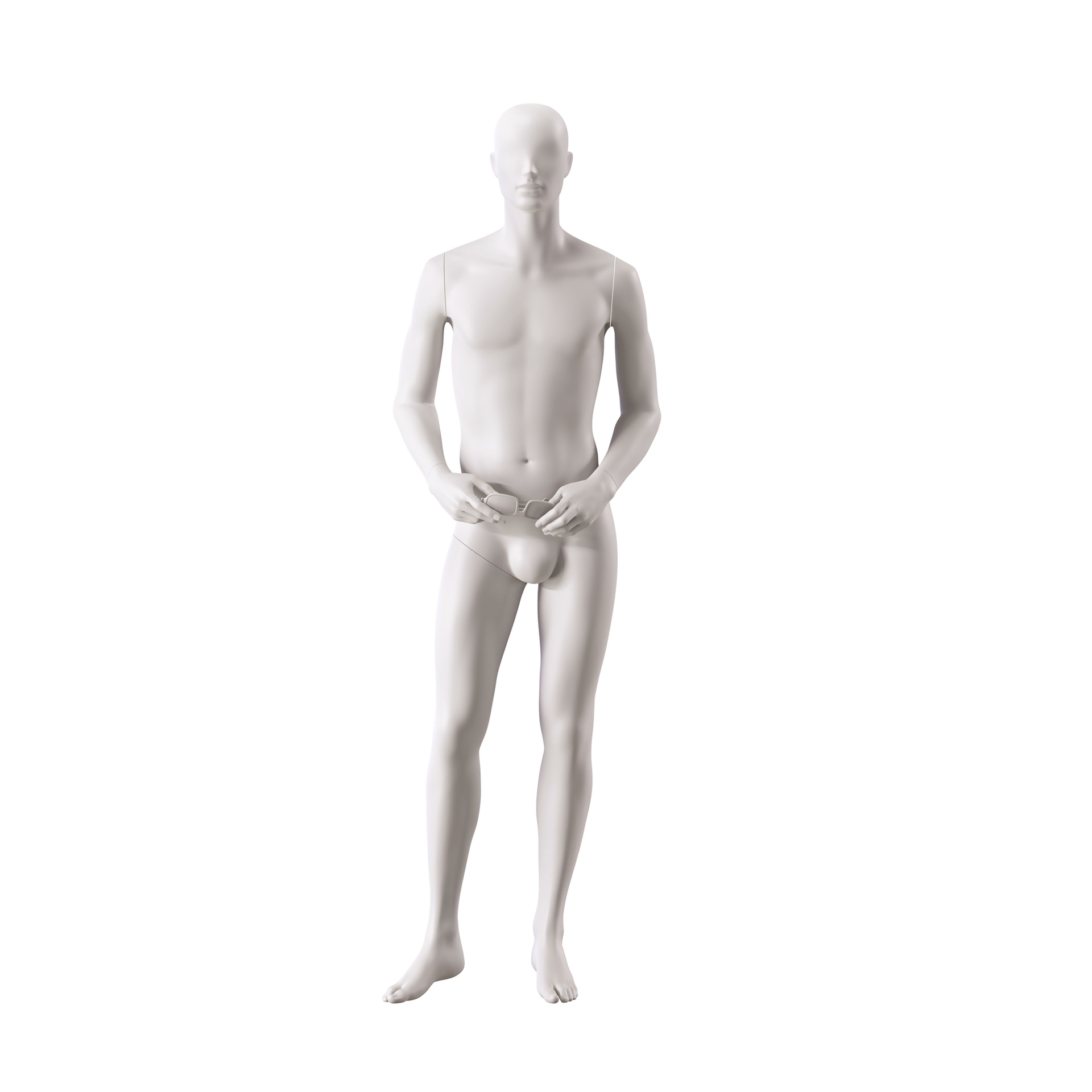 BINK - Basic male window mannequin, semi-abstract head, round tempered glass base, soft clay matt, pose 111