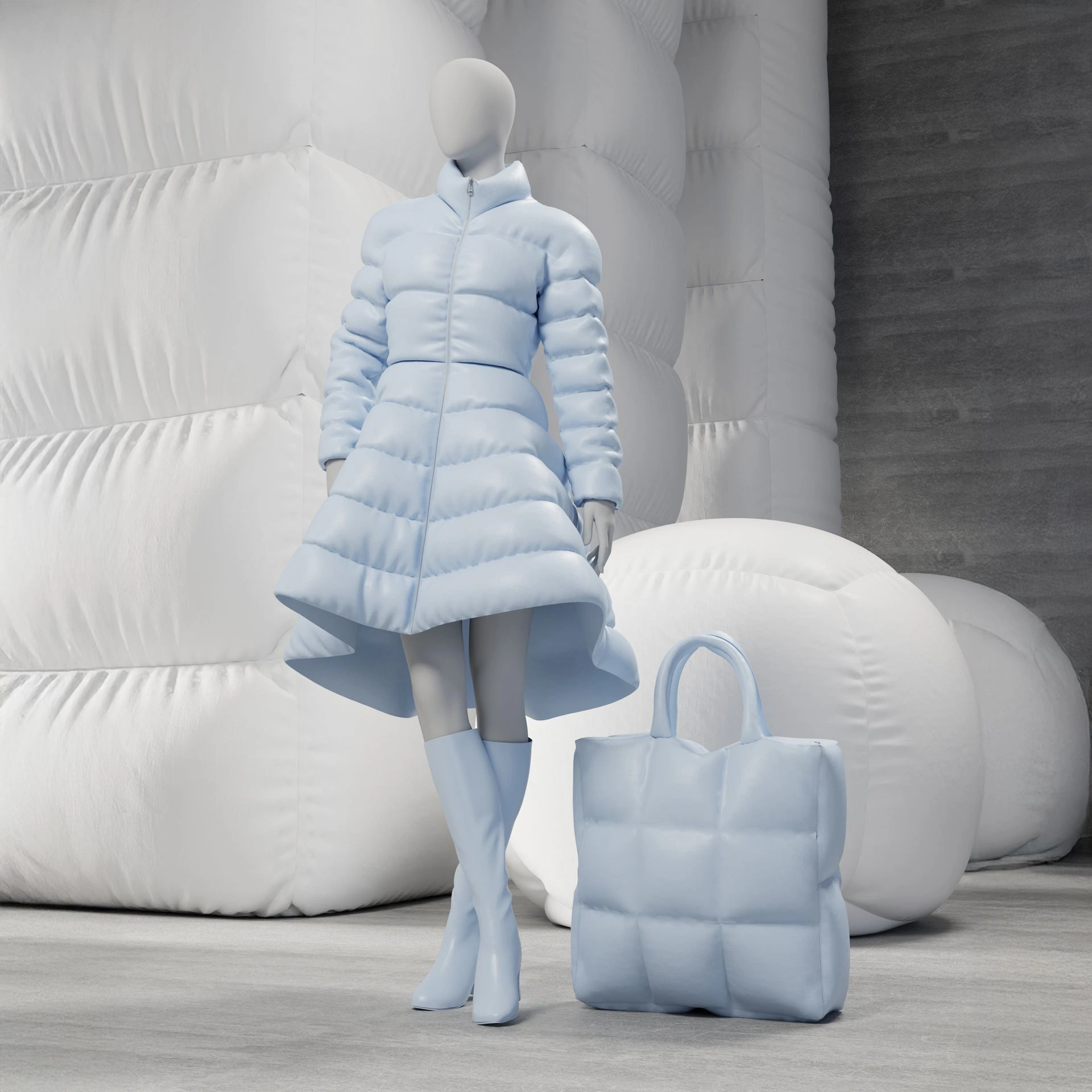 Maniquí femenino abstracto gris, con cabeza abstracta, base de vidrio, pose F001.