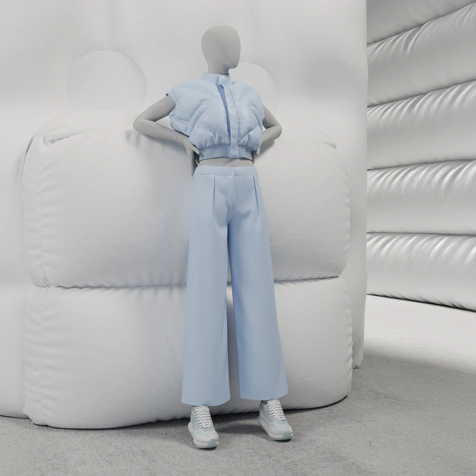 Abstract grey female mannequin, with abstract head, glass base, pose F004