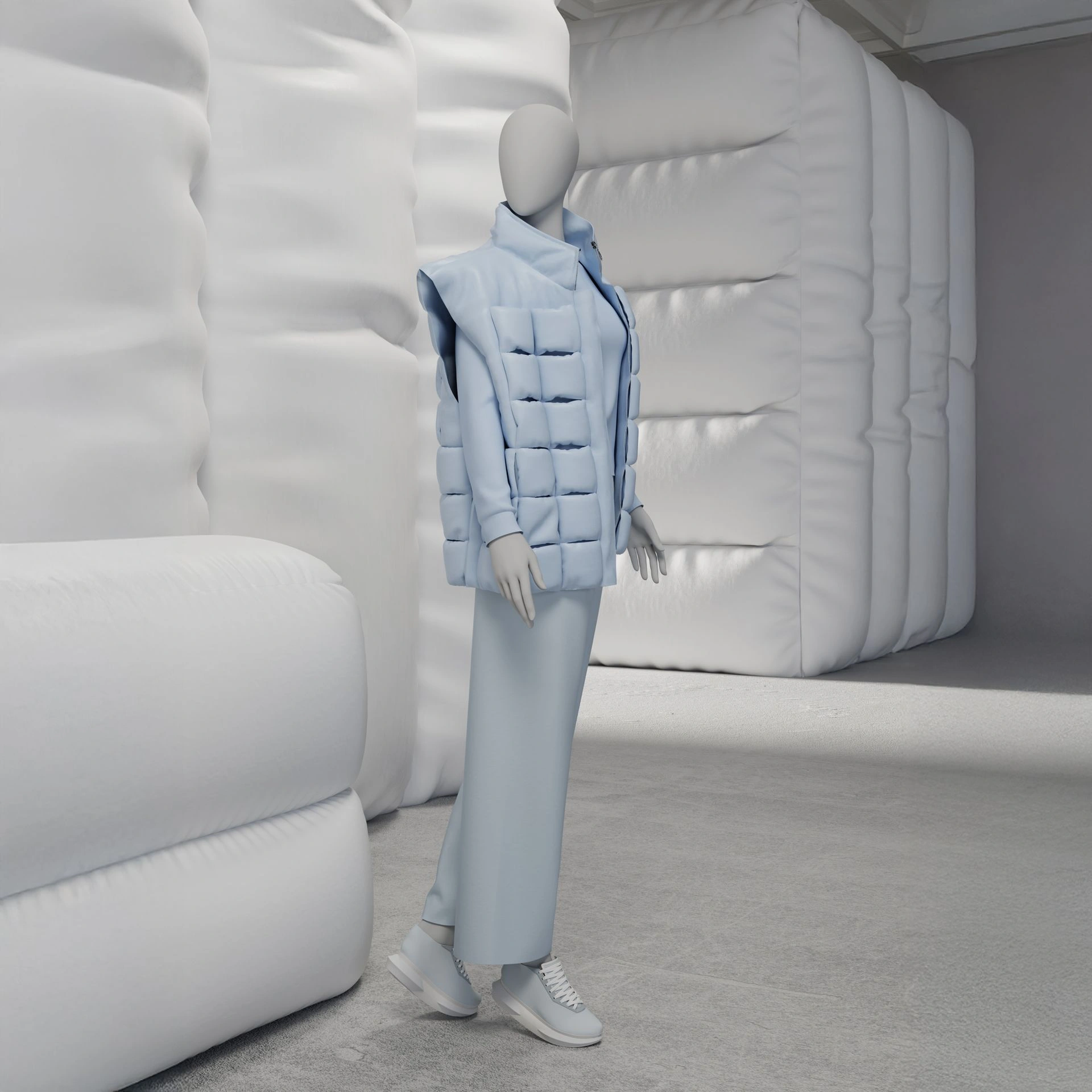 Abstract grey female mannequin, with abstract head, glass base, pose F013