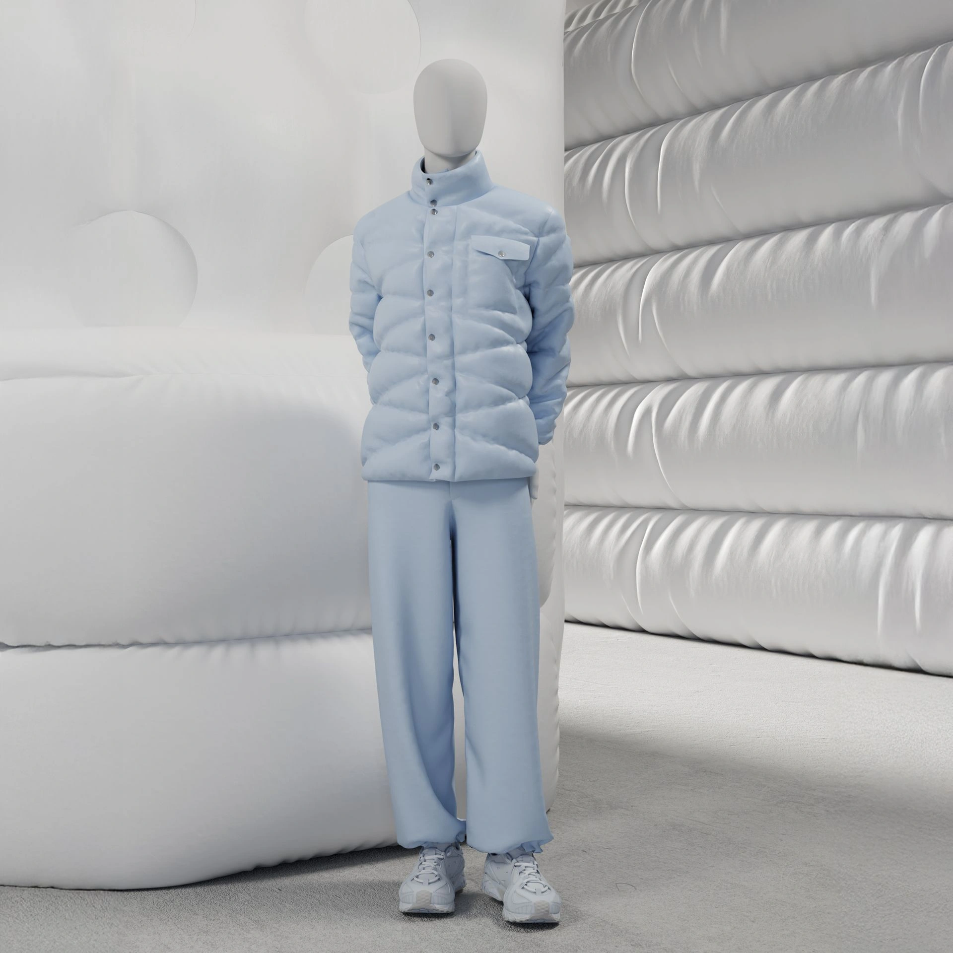 Abstract grey male mannequin, with abstract head, glass base, pose M104