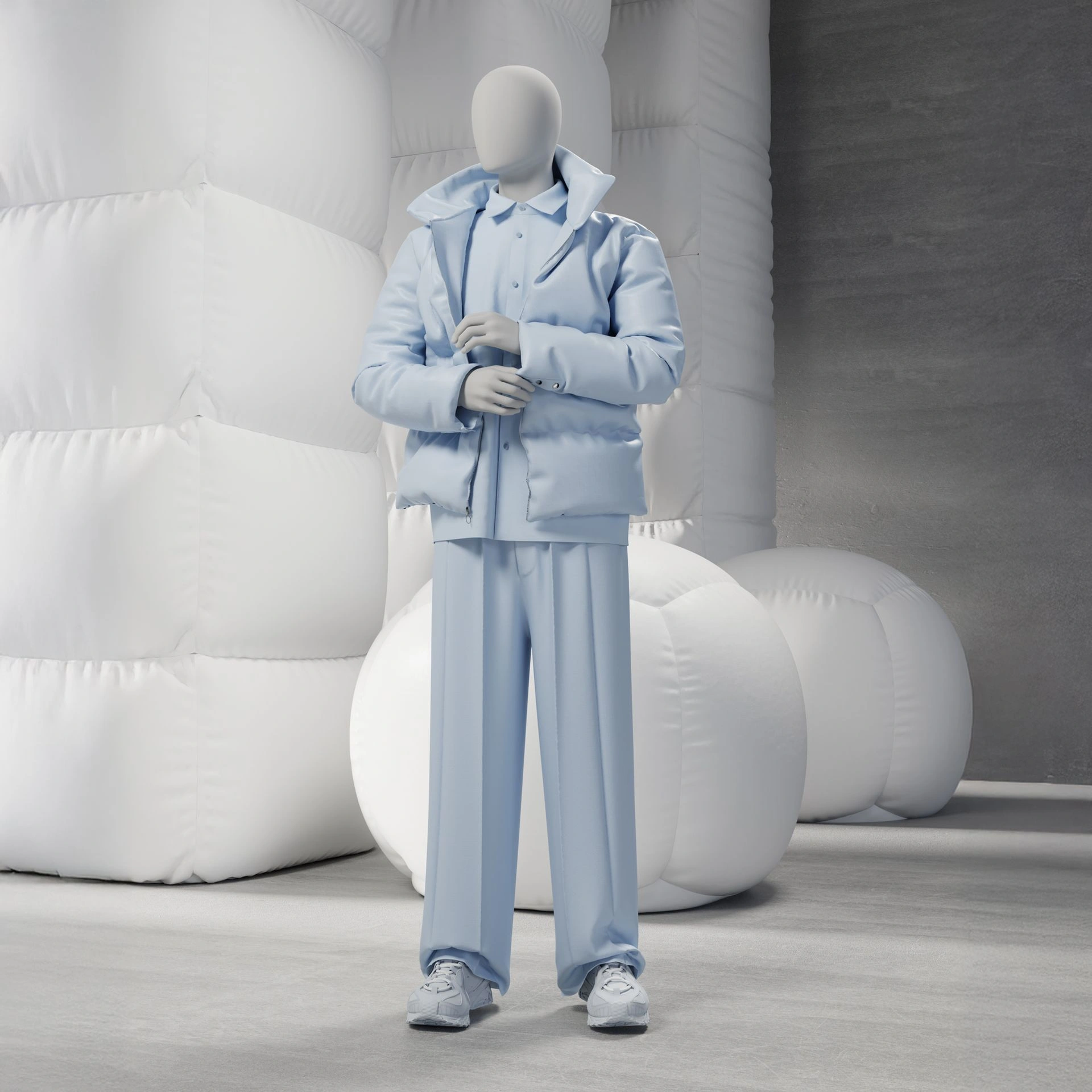 Abstract grey male mannequin, with abstract head, glass base, pose M109