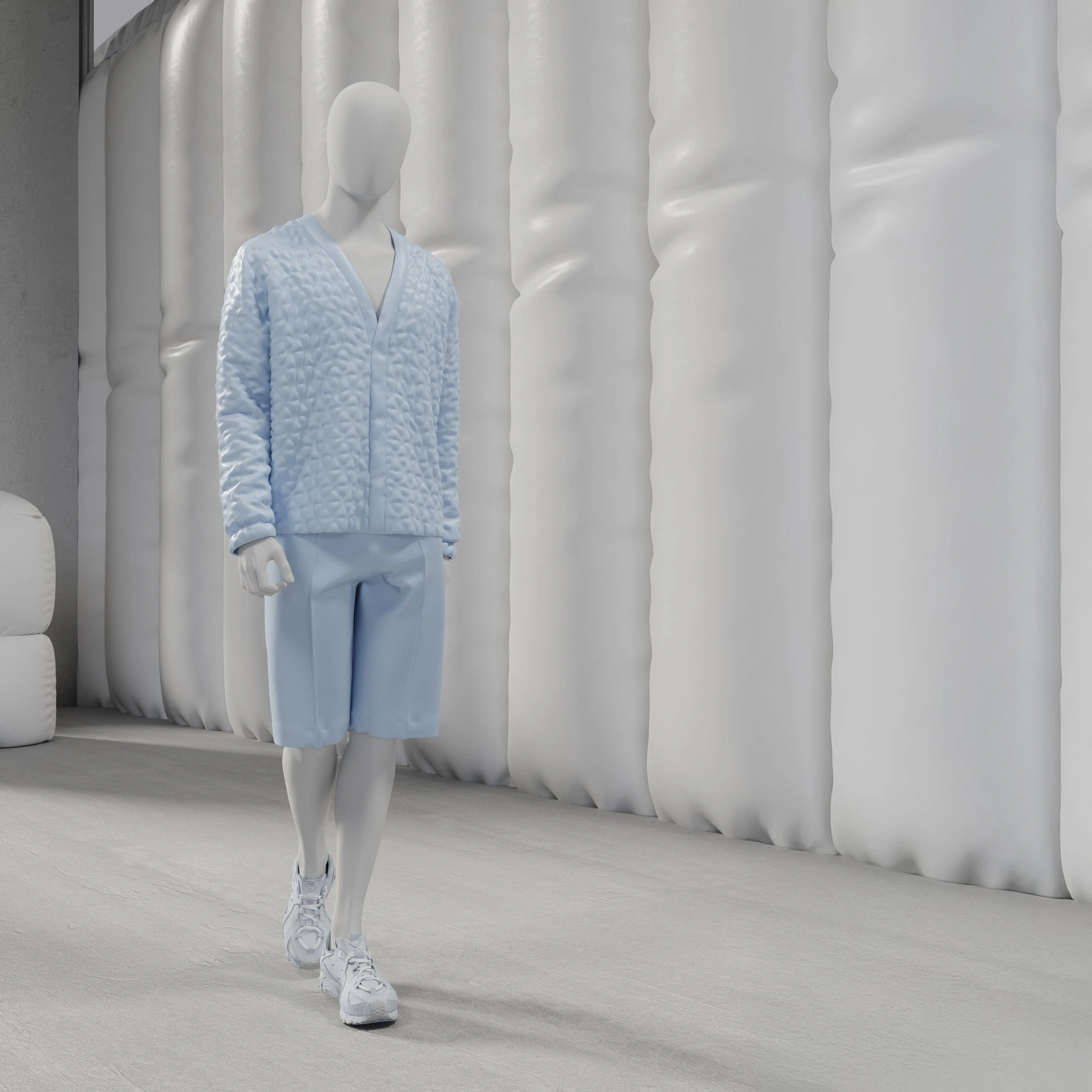 Abstract grey male mannequin, with abstract head, glass base, pose M110