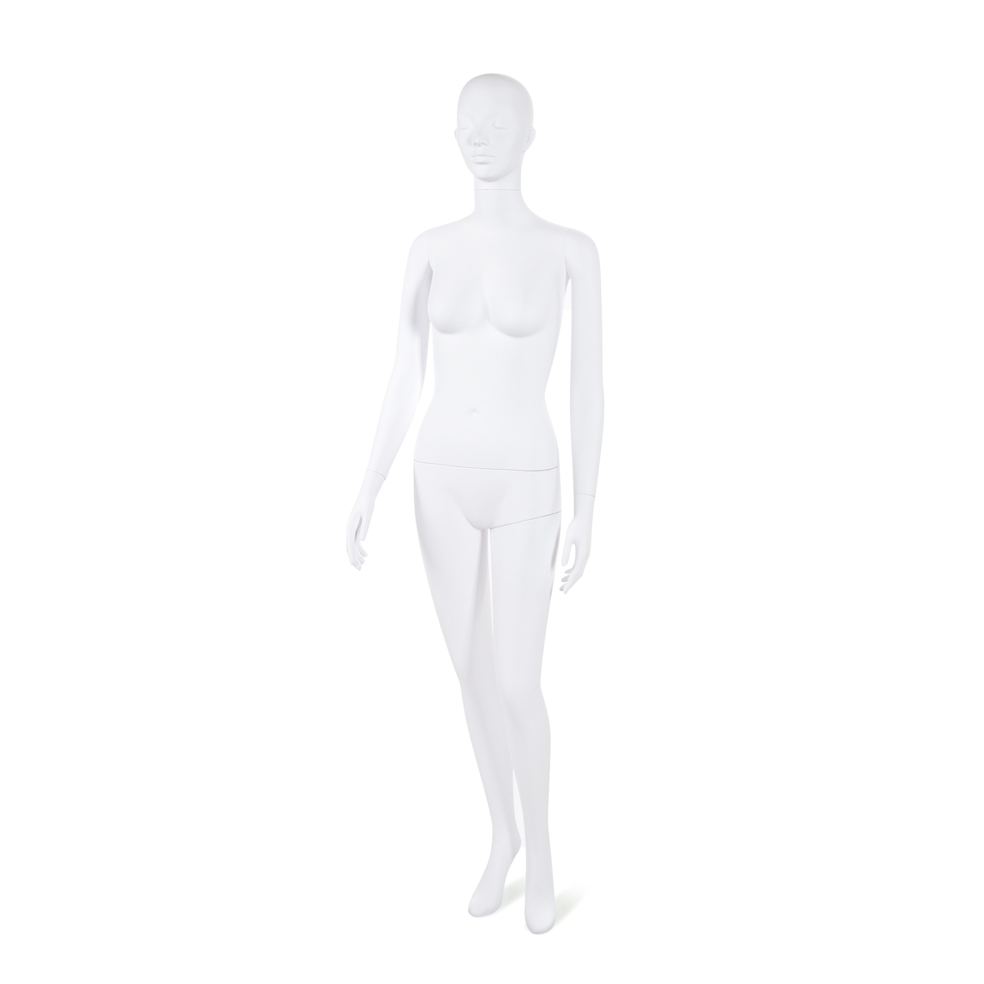 Unbreakable female mannequin, semi-abstract head, recyclable mannequin made from ABS plastic, matte white, pose 37
