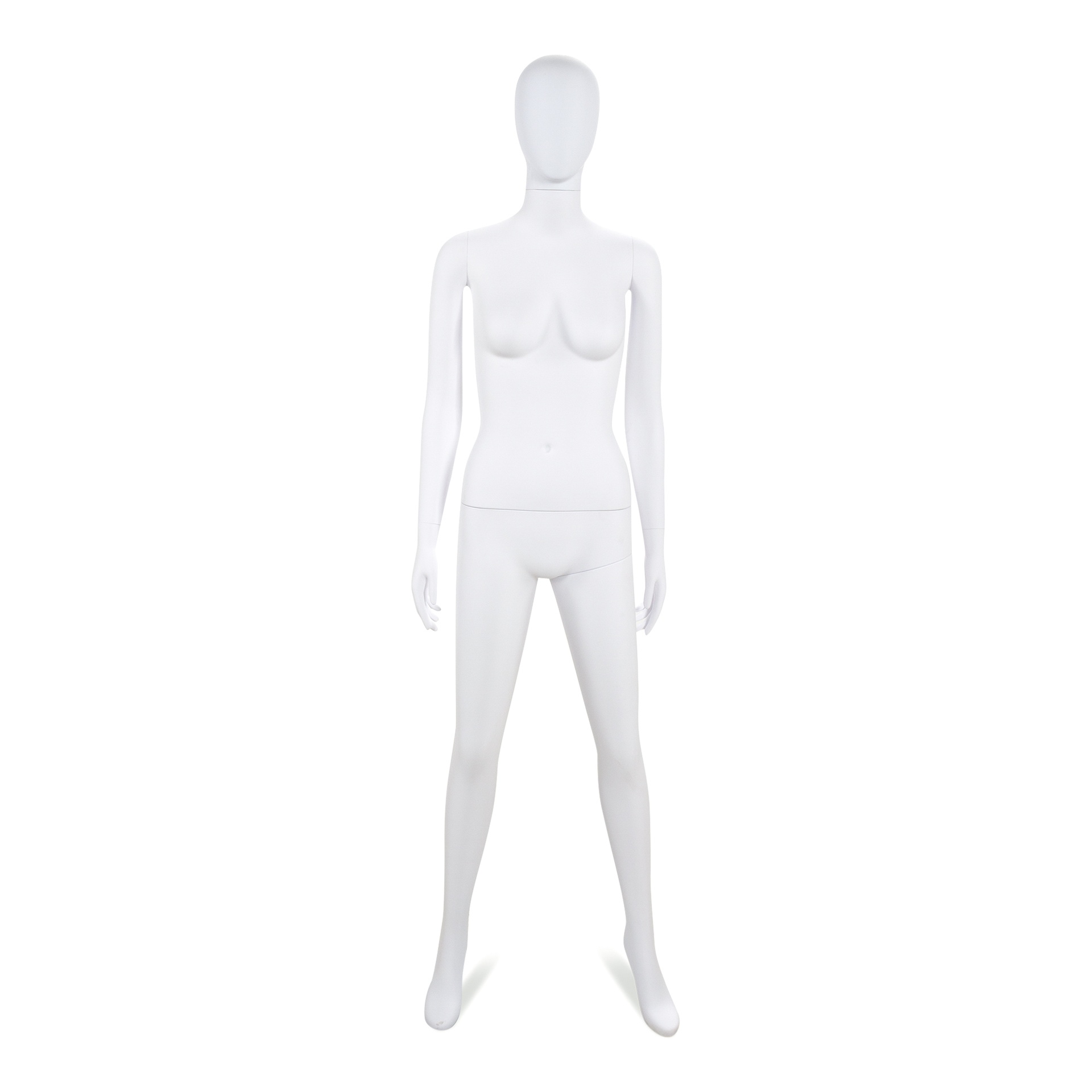 Unbreakable female mannequin, abstract head, recyclable mannequin made from ABS plastic, matte white, pose 43
