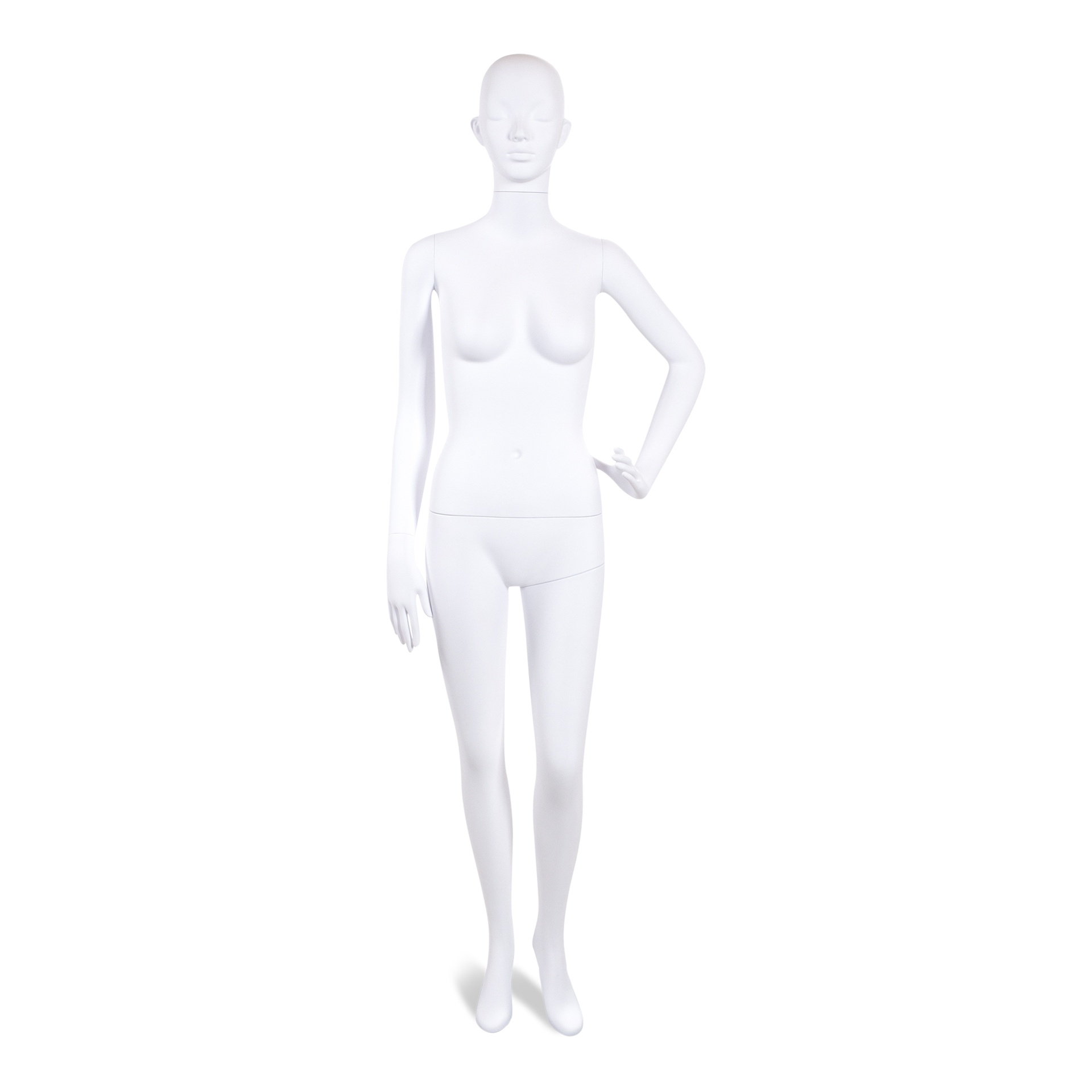Unbreakable female mannequin, semi-abstract head, recyclable mannequin made from ABS plastic, matte white, pose 44