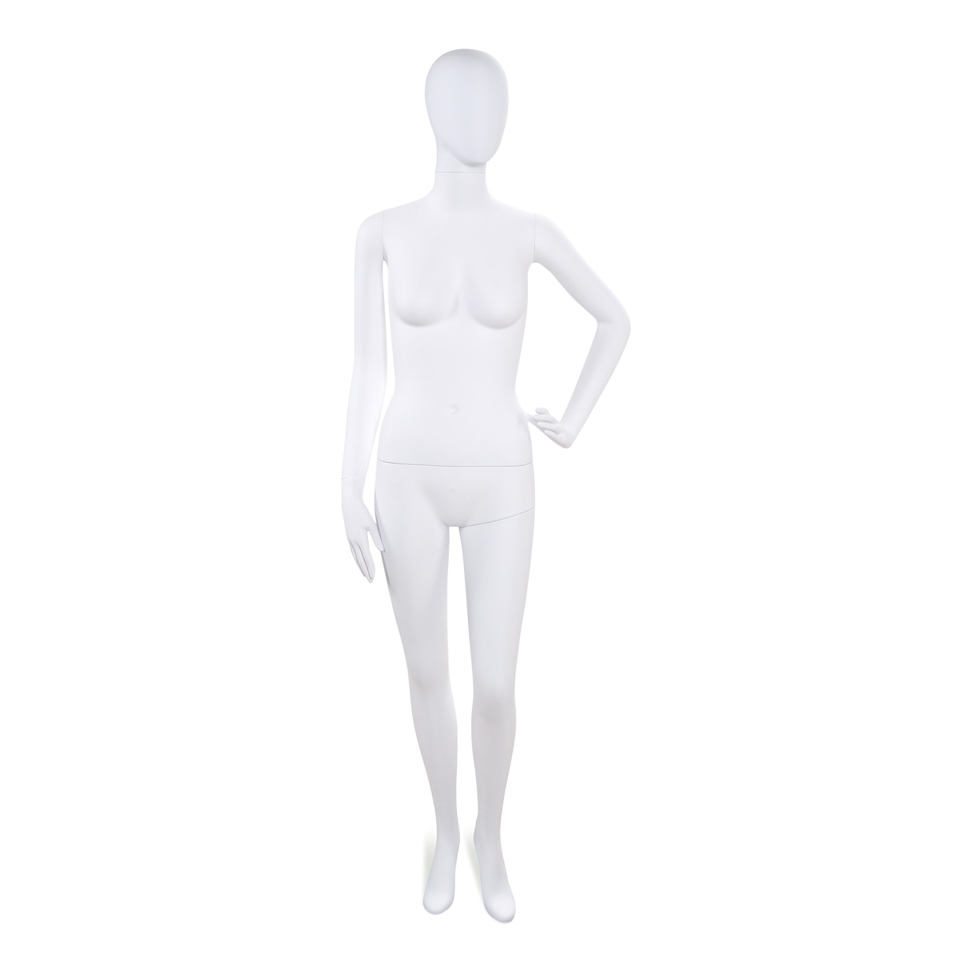Unbreakable women's mannequin, abstract head, recyclable mannequin made from ABS plastic, matte white, pose 44