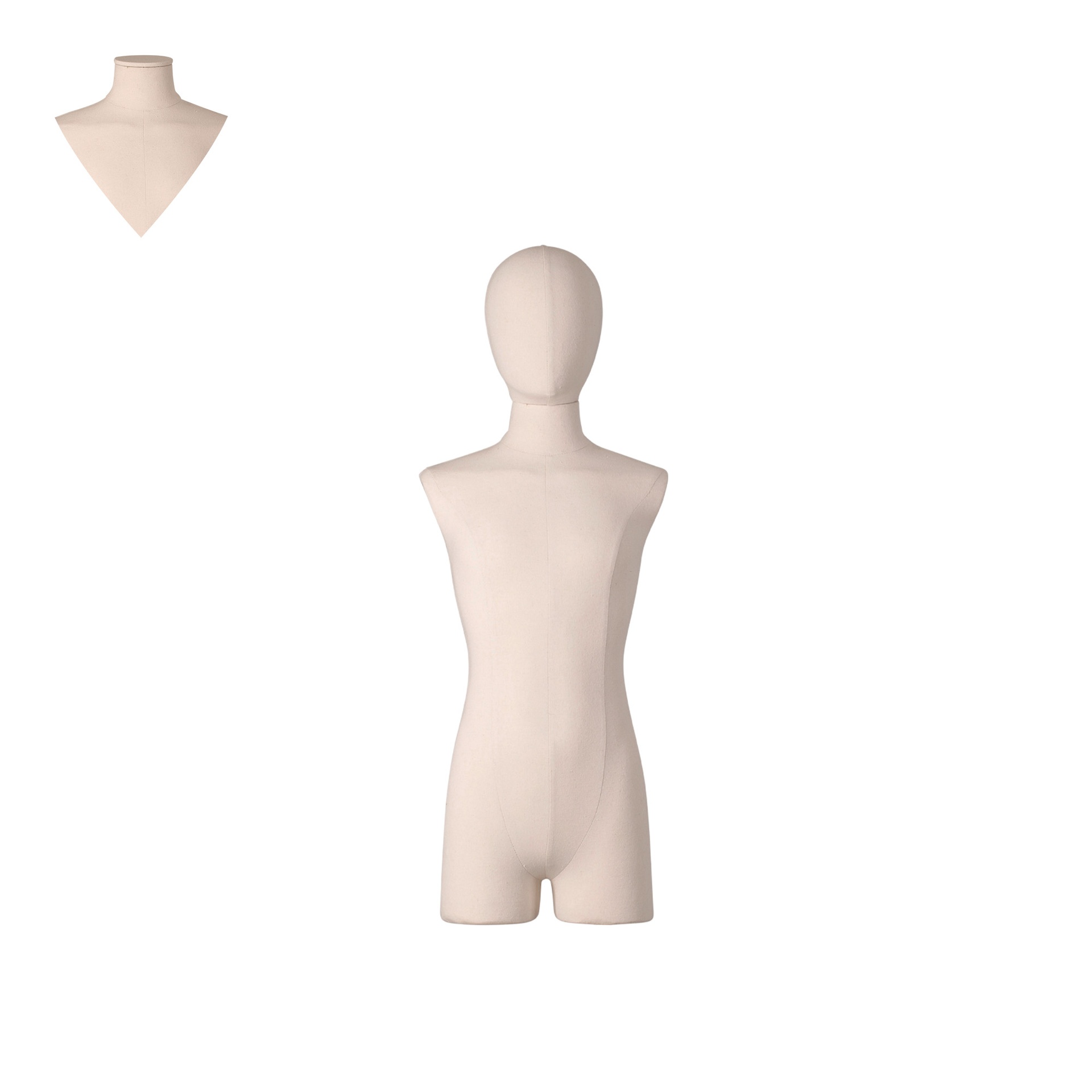 BINK - Dress form with legs, child, 12 years, covered with ecru woven fabric, removable abstract head