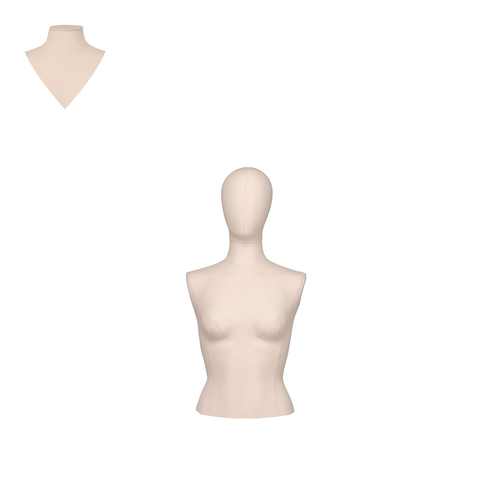 BINK - Dress form, short model, female, size 38, covered with ecru woven fabric, removable abstract head
