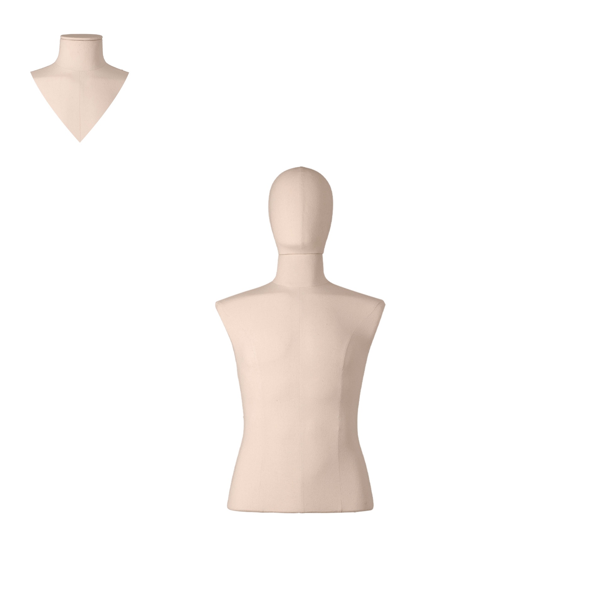 BINK - Male dress form cut at hips, size M, covered with ecru woven fabric, removable head
