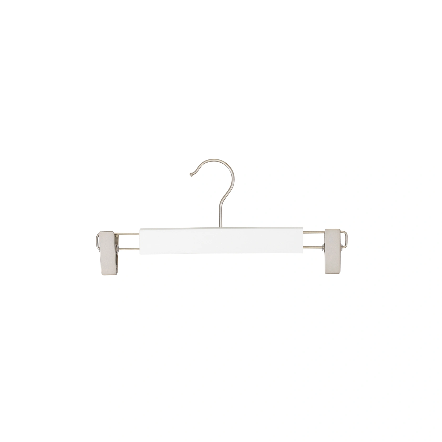 Cintre blanc avec pinces, bois de Lotus, vernis transparant mat, 28 cm, crochet mat - carton de 100 pcs