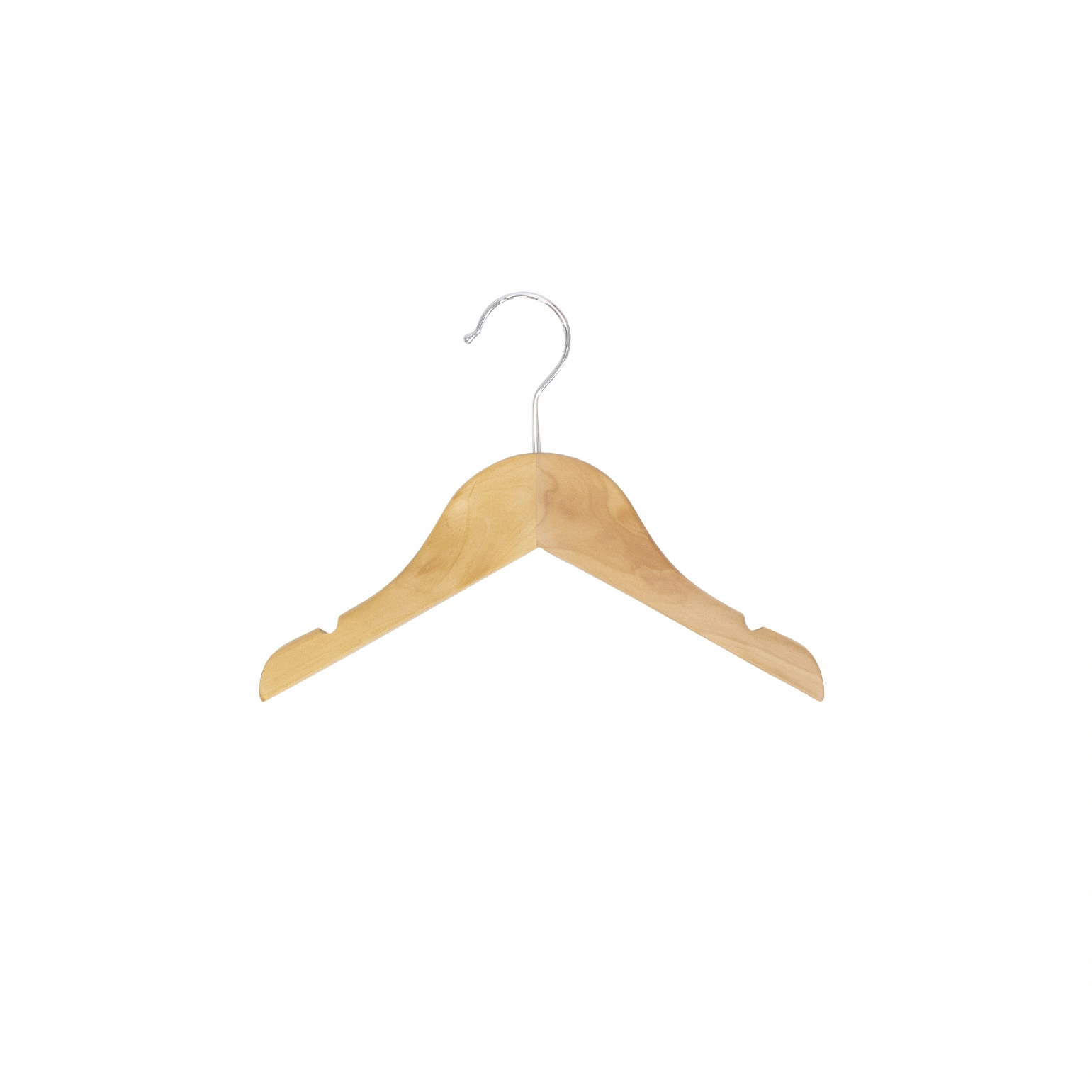 Percha de madera de loto con acabado natural barnizado para ropa infantil, 26 cm de ancho, gancho brillante - caja de 100 unidades.