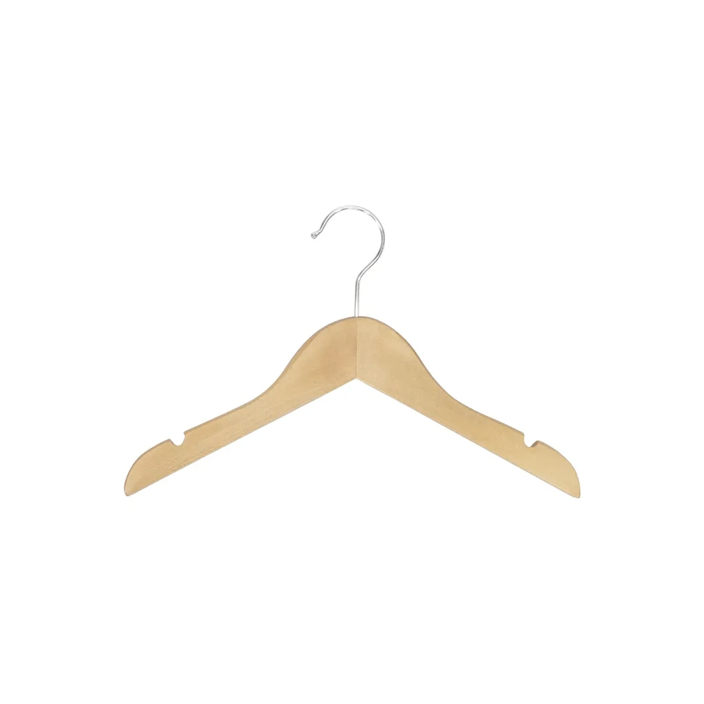 Kleiderbügel aus natur lackiertem Lotus-Holz für Kinderkleidung, 30 cm Breite, glänzender Haken – 100 Stück pro Karton.