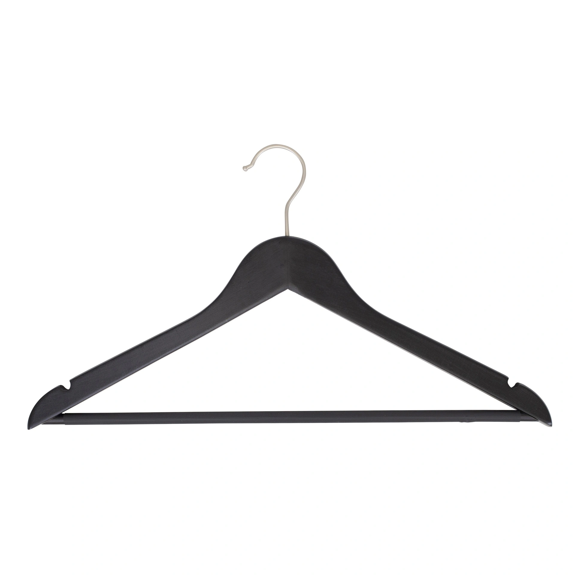 Black clothes hanger with anti-slip trouser bar for adult clothes, lotus wood, black matt finish, 44 cm, matt hook - box of 100 pcs