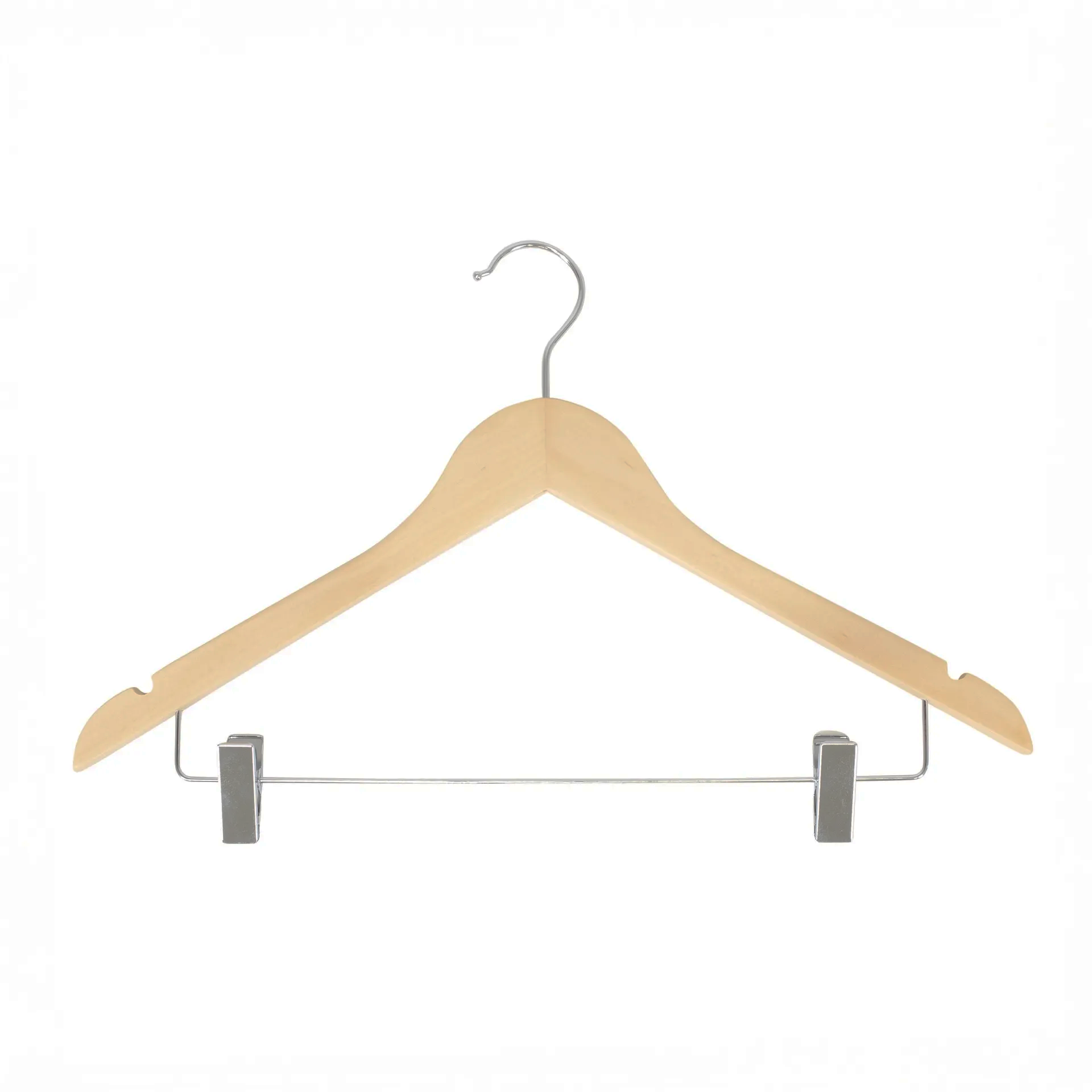 Clothes hanger with clips for adult clothes, lotus wood, clear varnish, 44 cm, shiny hook - box of 100 pcs