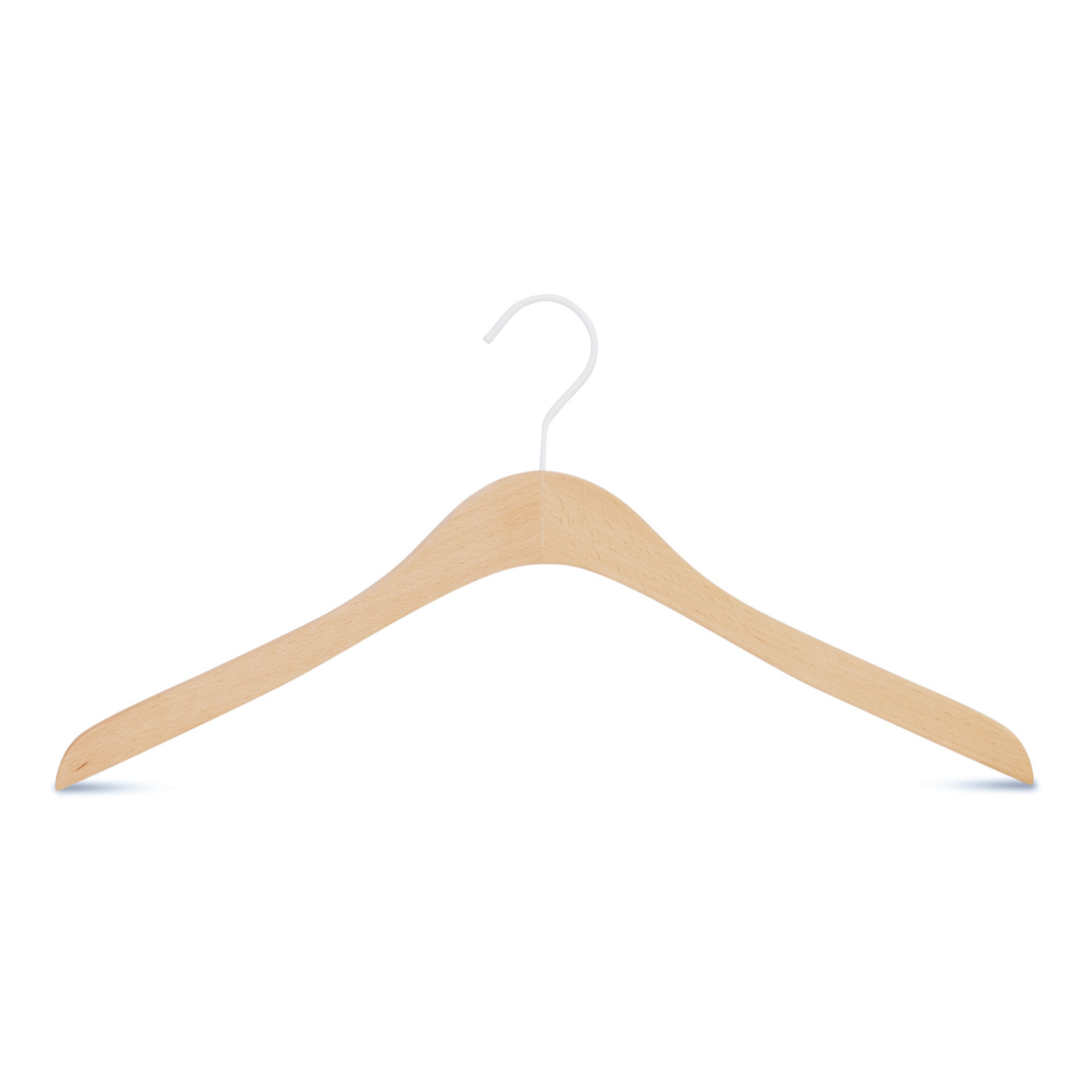 Flacher Kleiderbügel, Breite 41 cm, Dicke 1,4 cm, Buchenholz A-Qualität, weißer Haken – 50 Stück pro Karton.