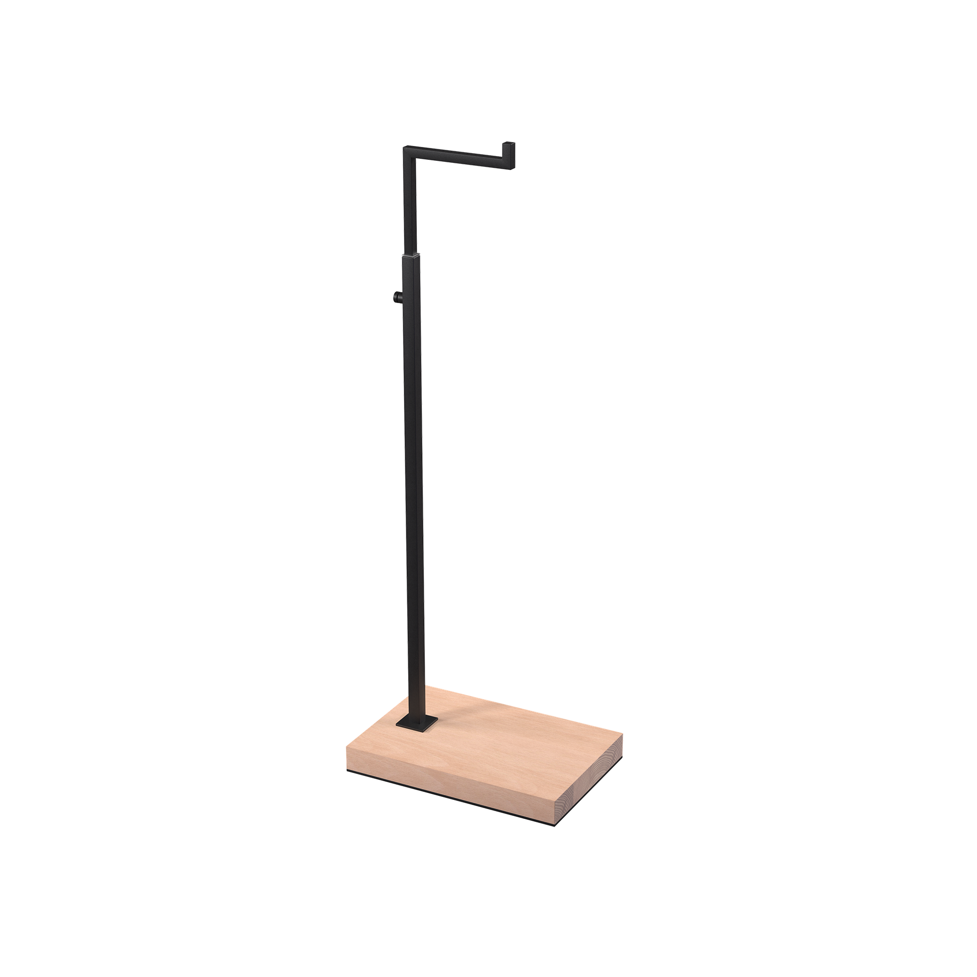 BINK - Adjustable L-stand, for displaying leather goods, handbags, and fashion accessories, black powder-coated steel with wooden base