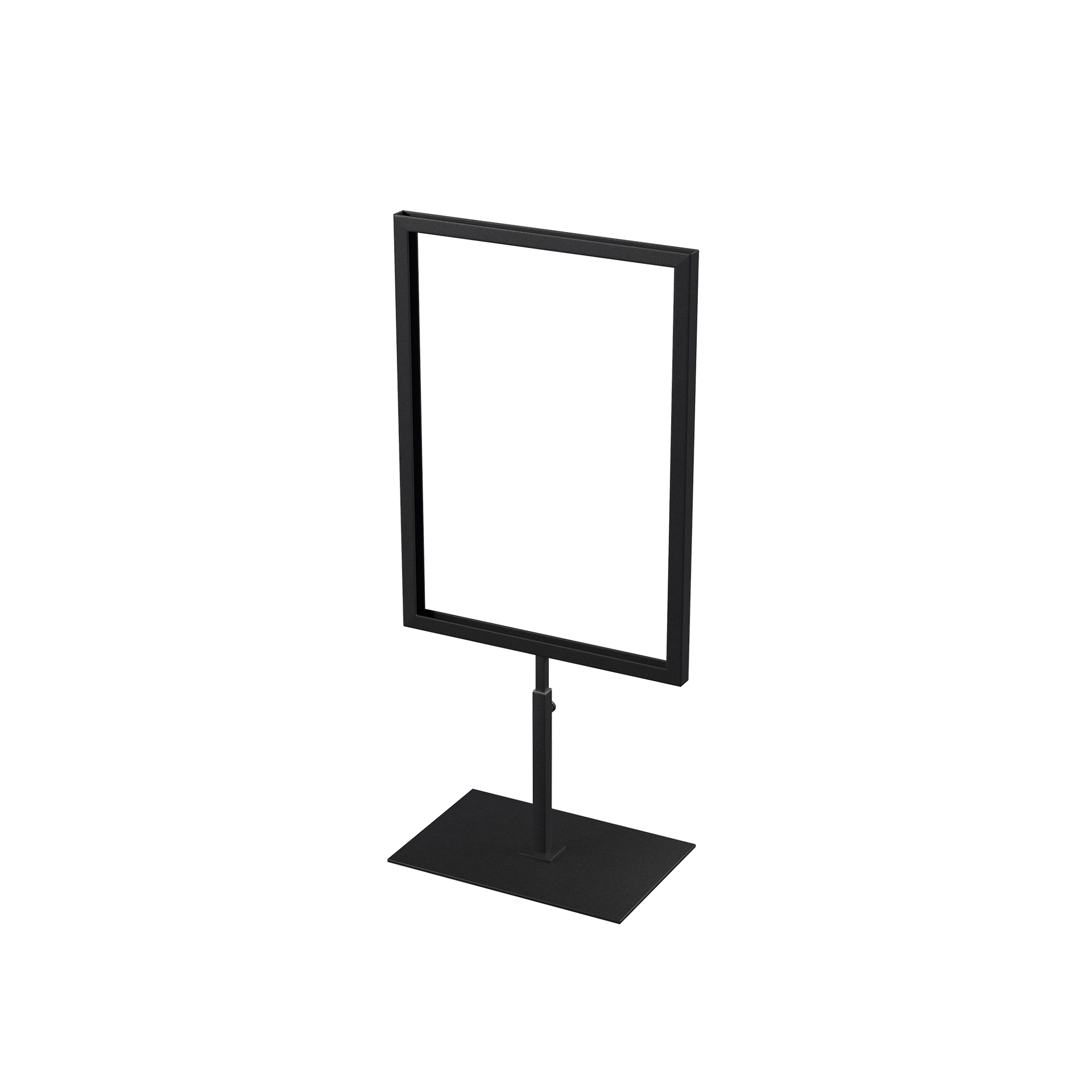 A4 info display, adjustable height, black powder-coated steel, interior