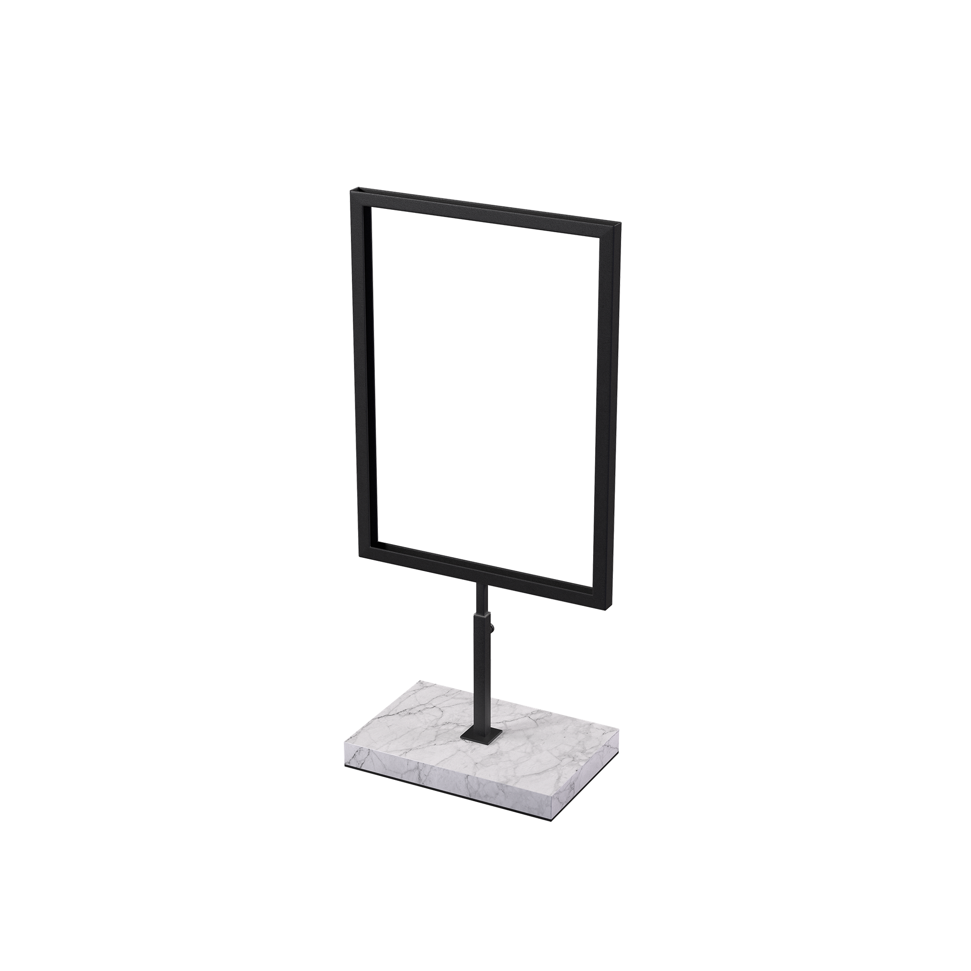 A4 info display, adjustable height, black powder-coated steel with marble base, interior