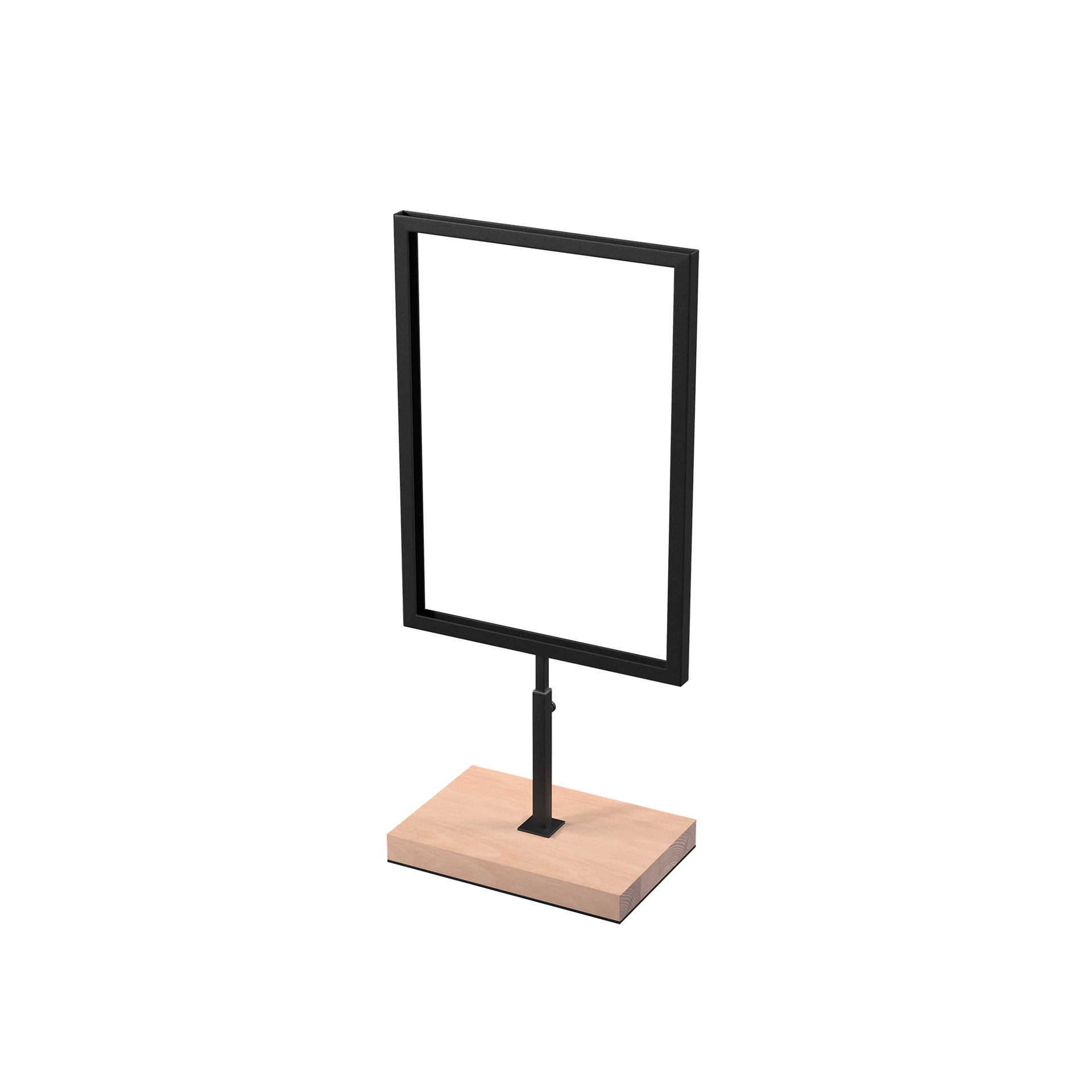 A4 info display, adjustable height, black powder-coated steel with wooden base, interior