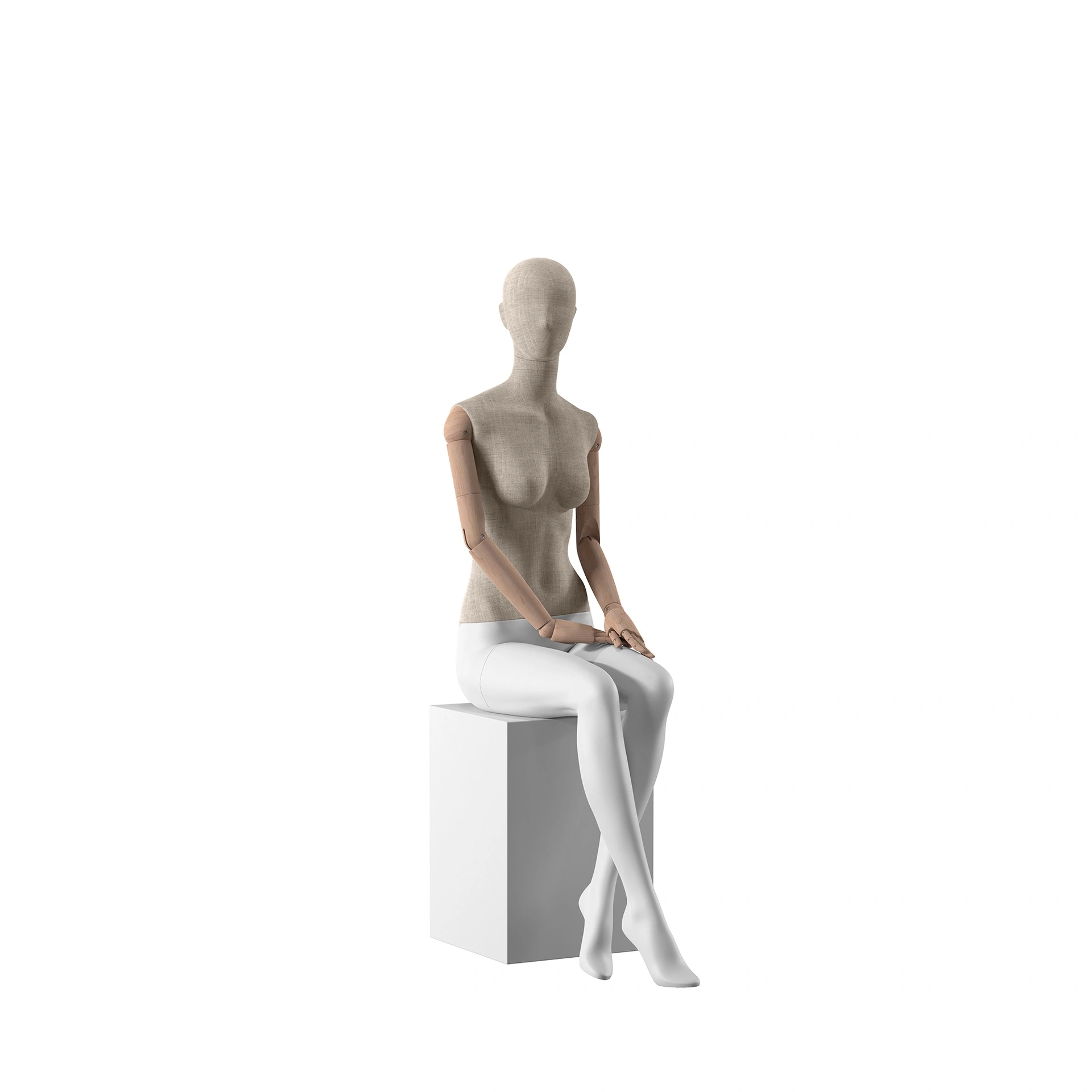 BINK - Vintage mannequin, female, wooden arms, covered with fabric, seated pose 05