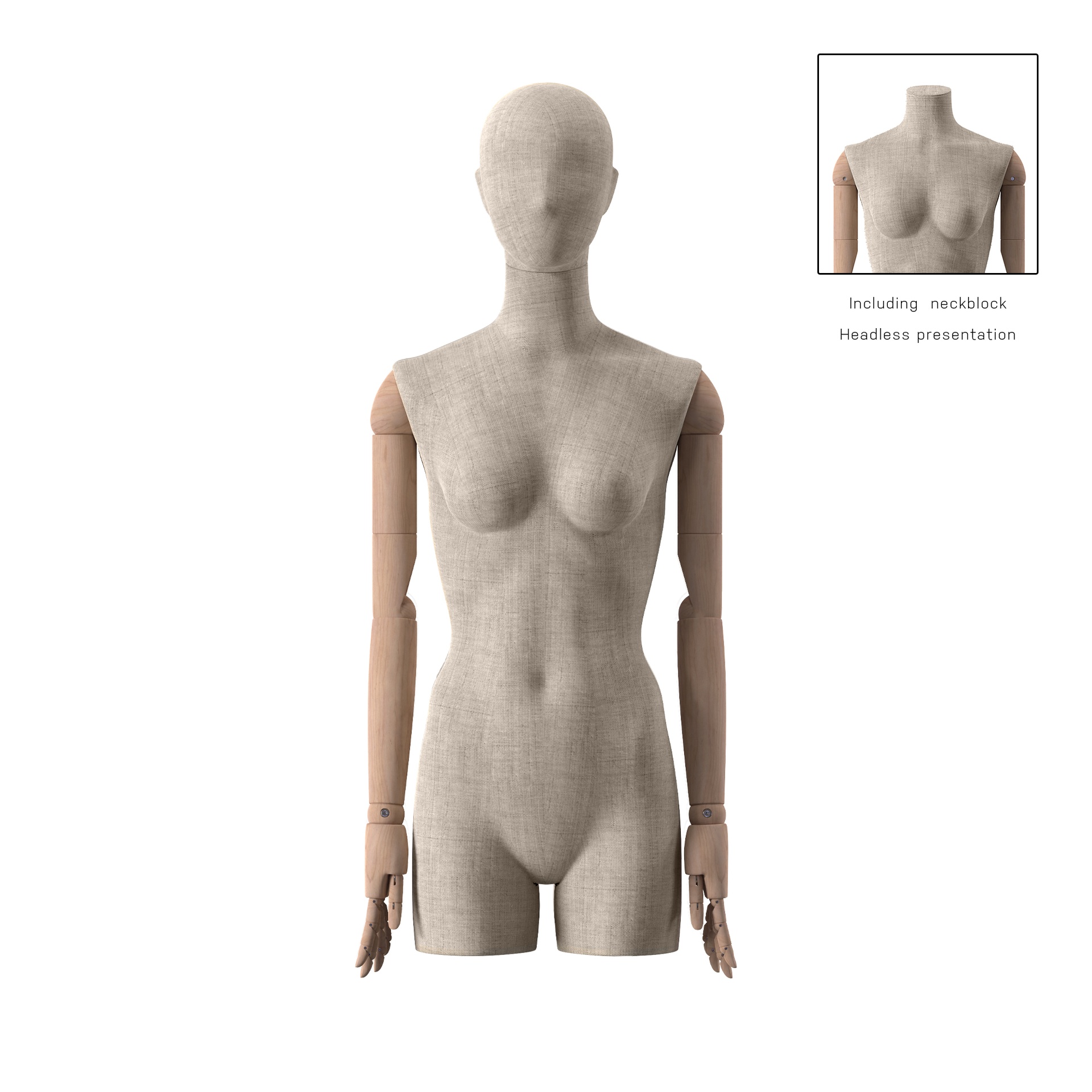 BINK - Vintage mannequin, female, wooden arms, covered with fabric, bust with legs, pose 21