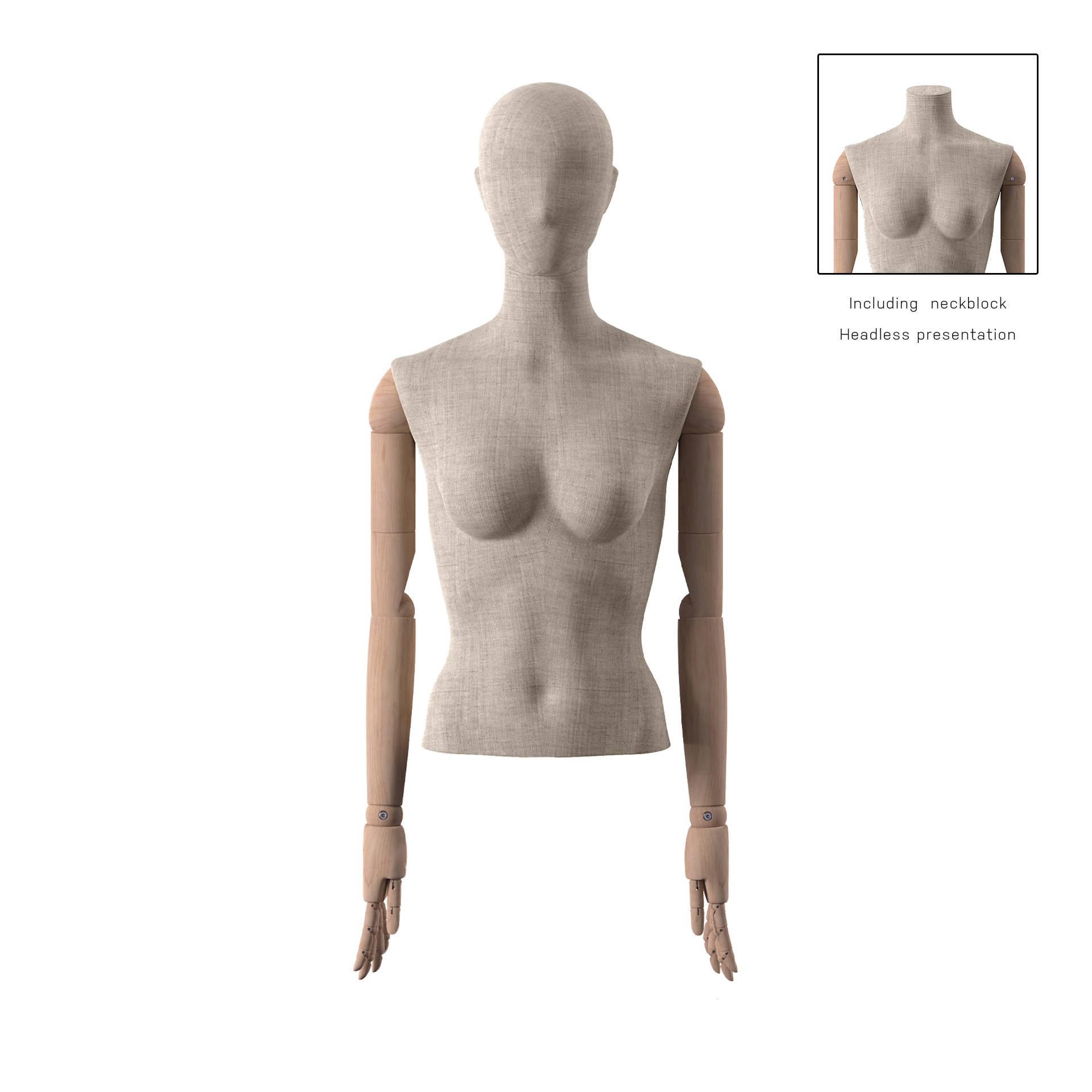 BINK - Vintage mannequin, female, wooden arms, covered with fabric, bust without legs, pose 22
