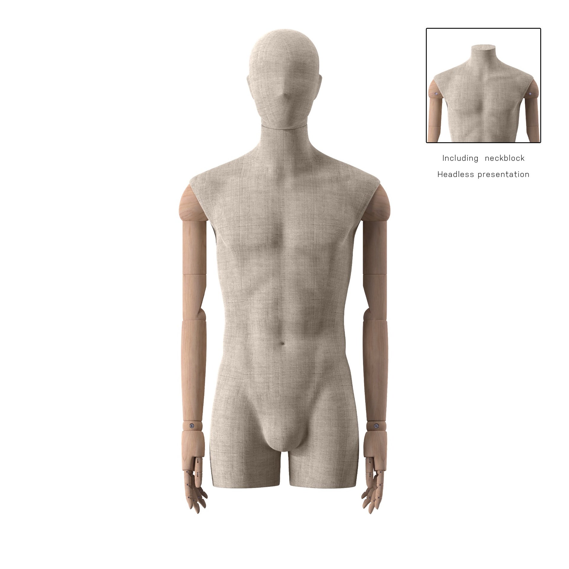 BINK - Vintage mannequin, male, wooden arms, covered with fabric, bust with legs, pose 61
