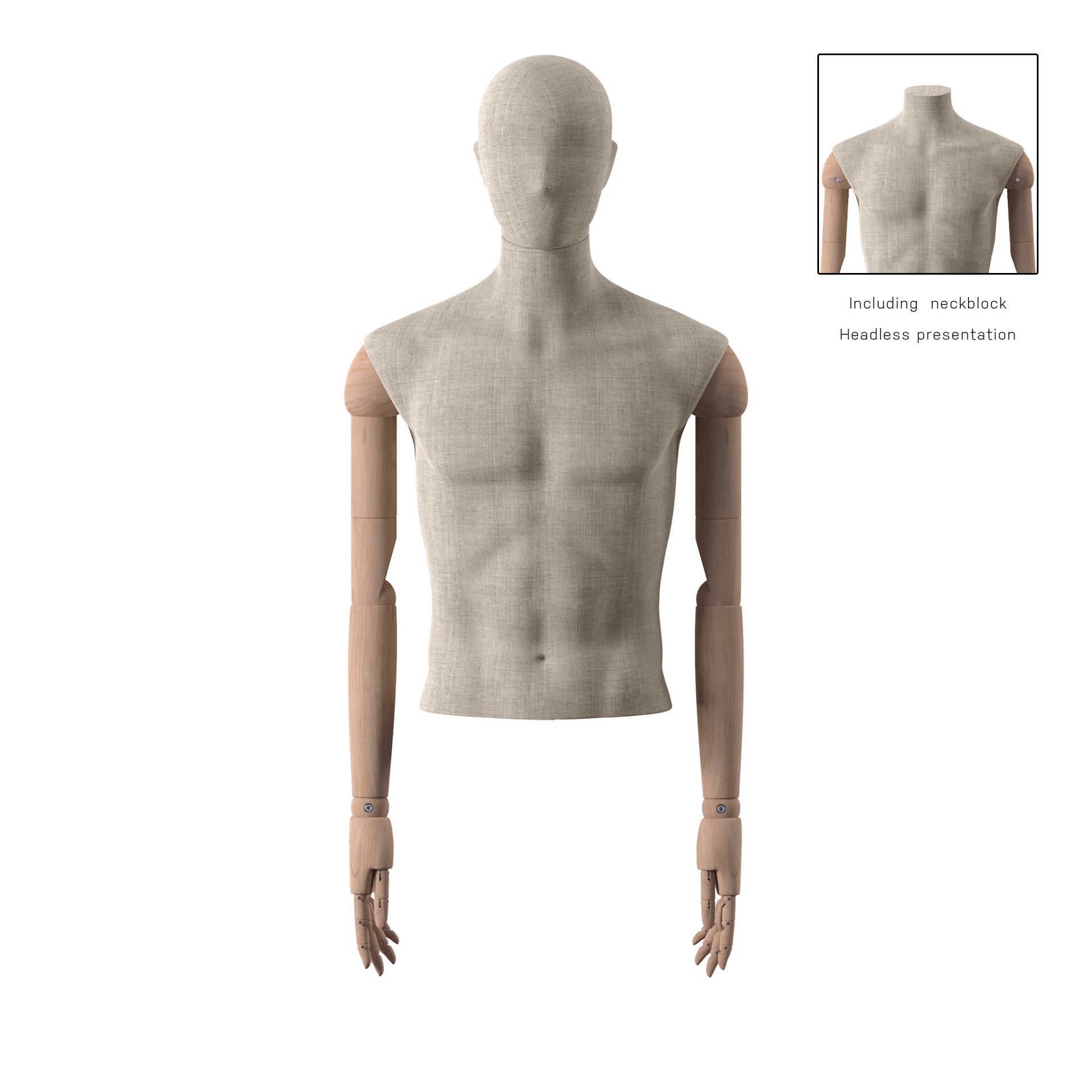 BINK - Vintage mannequin, male, wooden arms, covered with fabric, bust without legs, pose 62