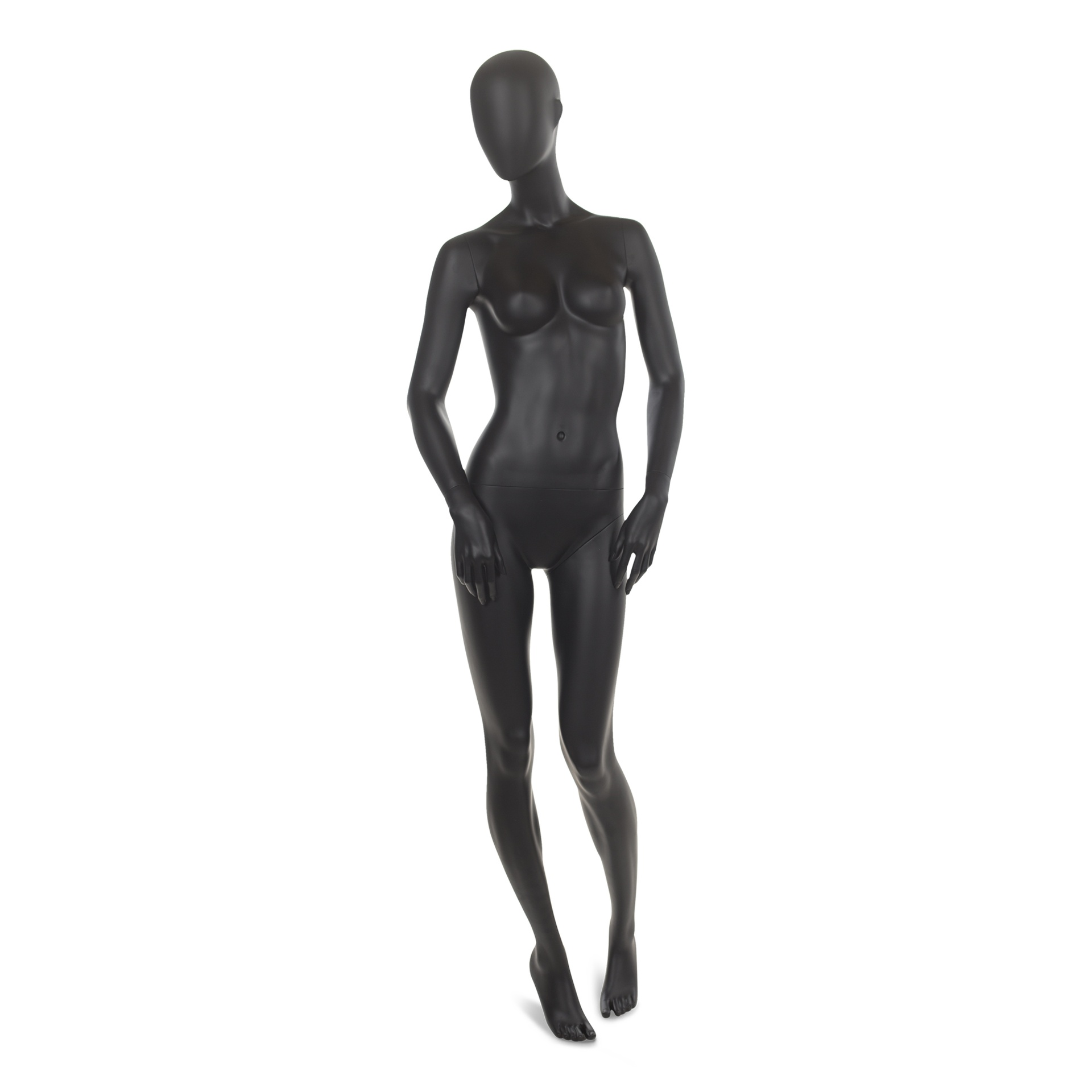 BINK - Black female window mannequin, abstract head, round glass base, pose 2