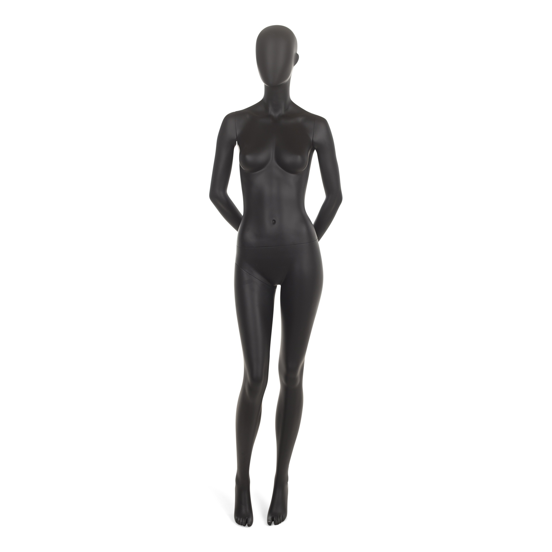 BINK - Black female window mannequin, abstract head, round glass base, pose 7