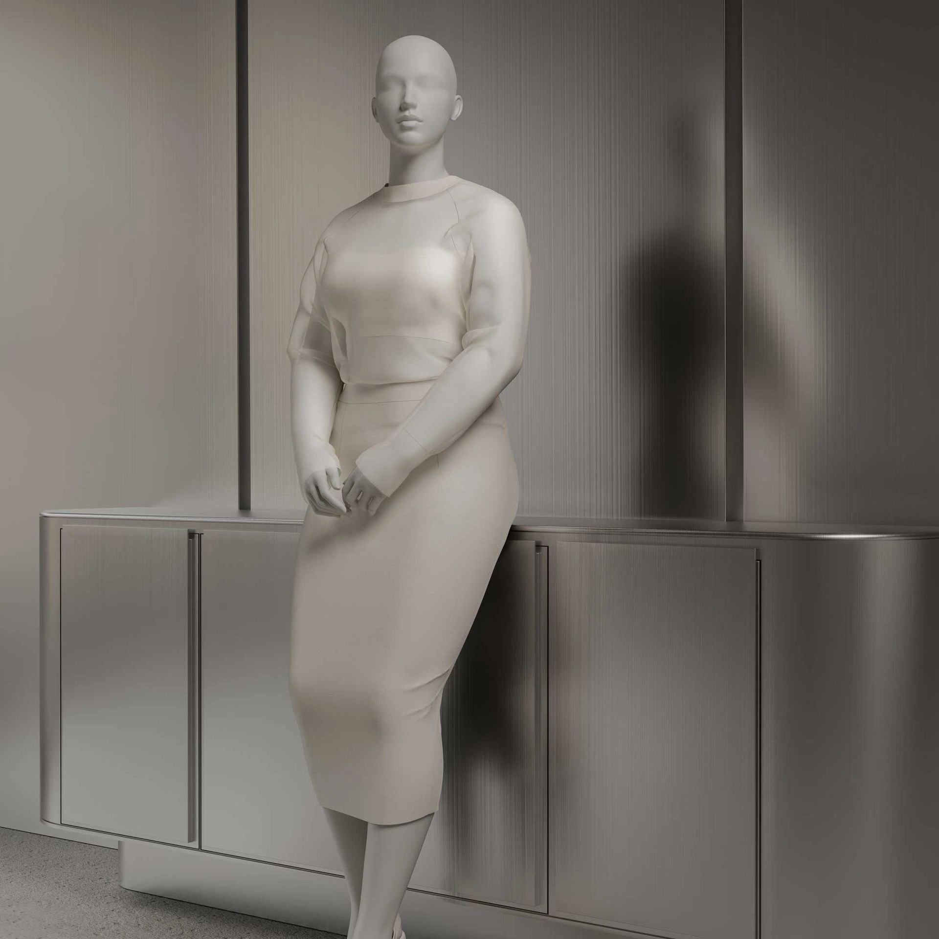 Plus size mannequin, female, semi-abstract head, size EU44, white matt colour, leaning pose 02