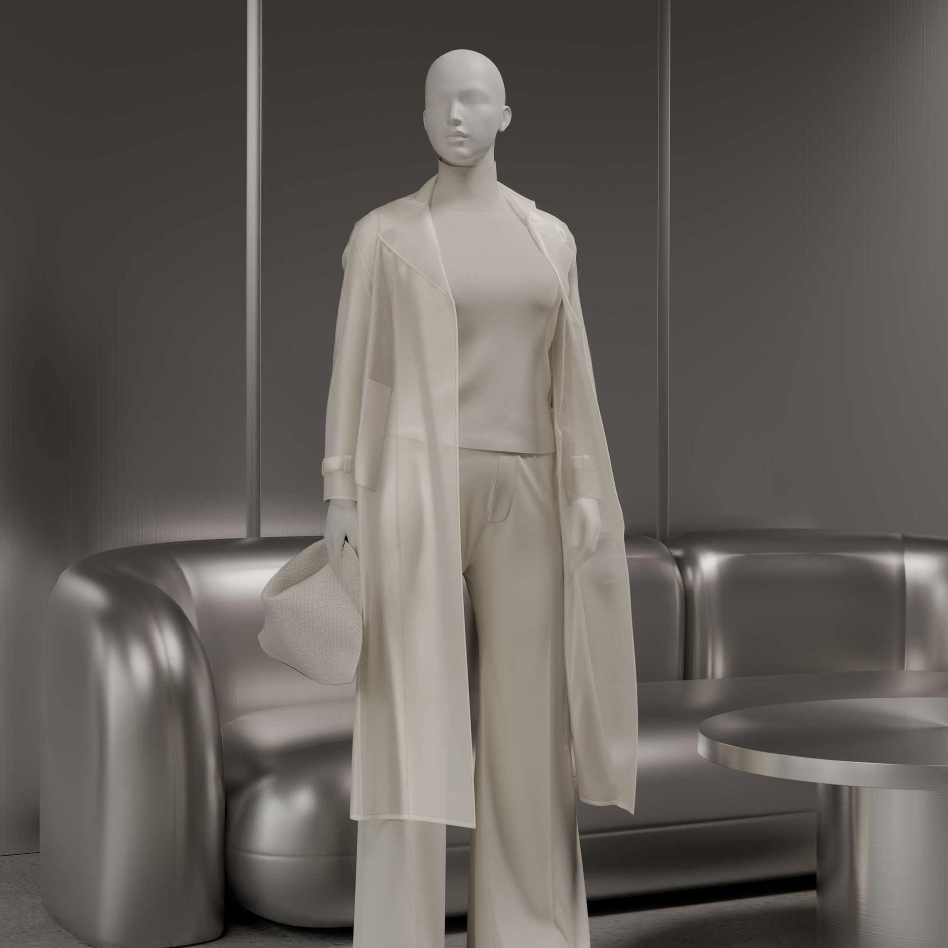 Plus size mannequin, female, semi-abstract head, size EU44, white matt colour, standing pose 03