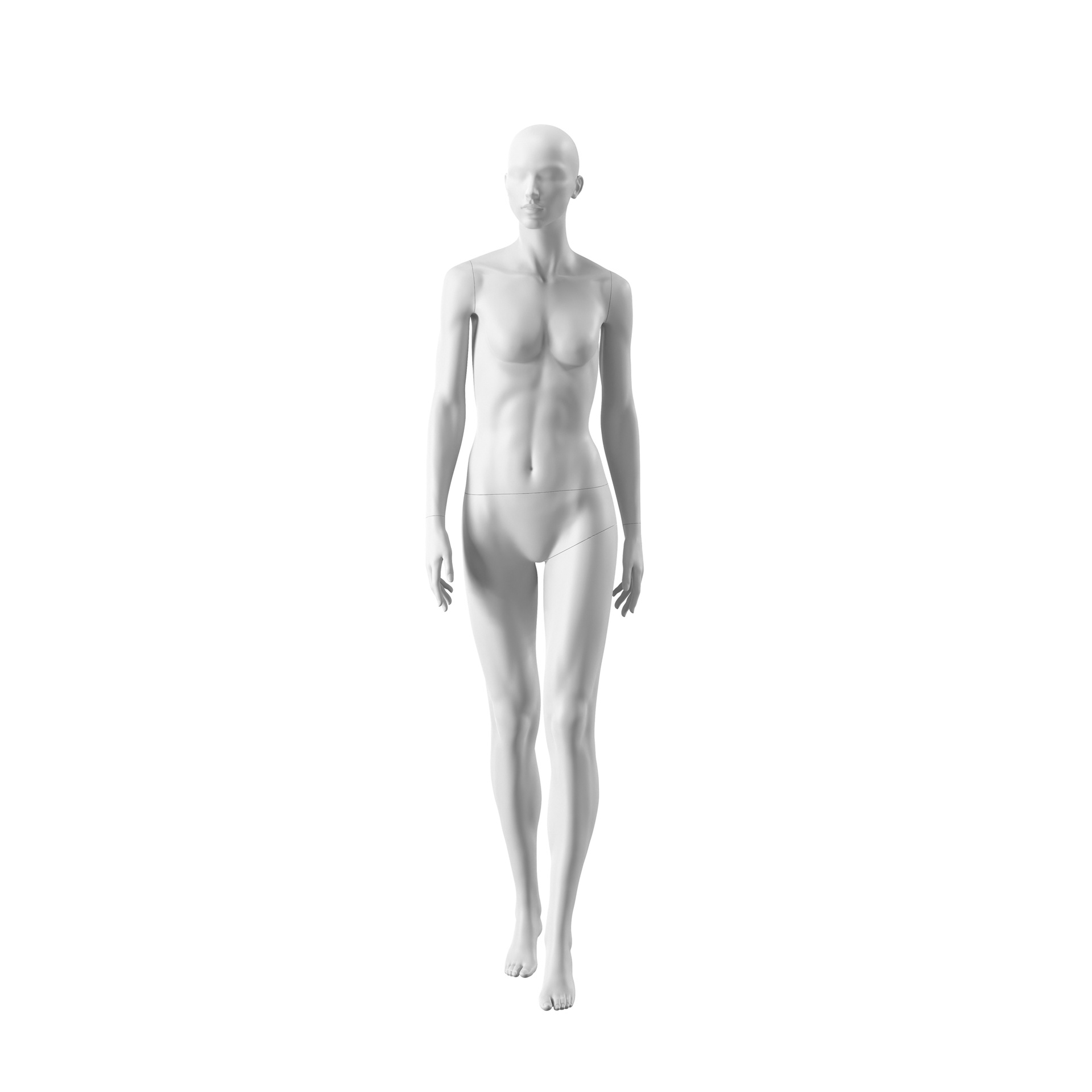 White female mannequin, abstract head with nose and mouth, round glass base, pose 003