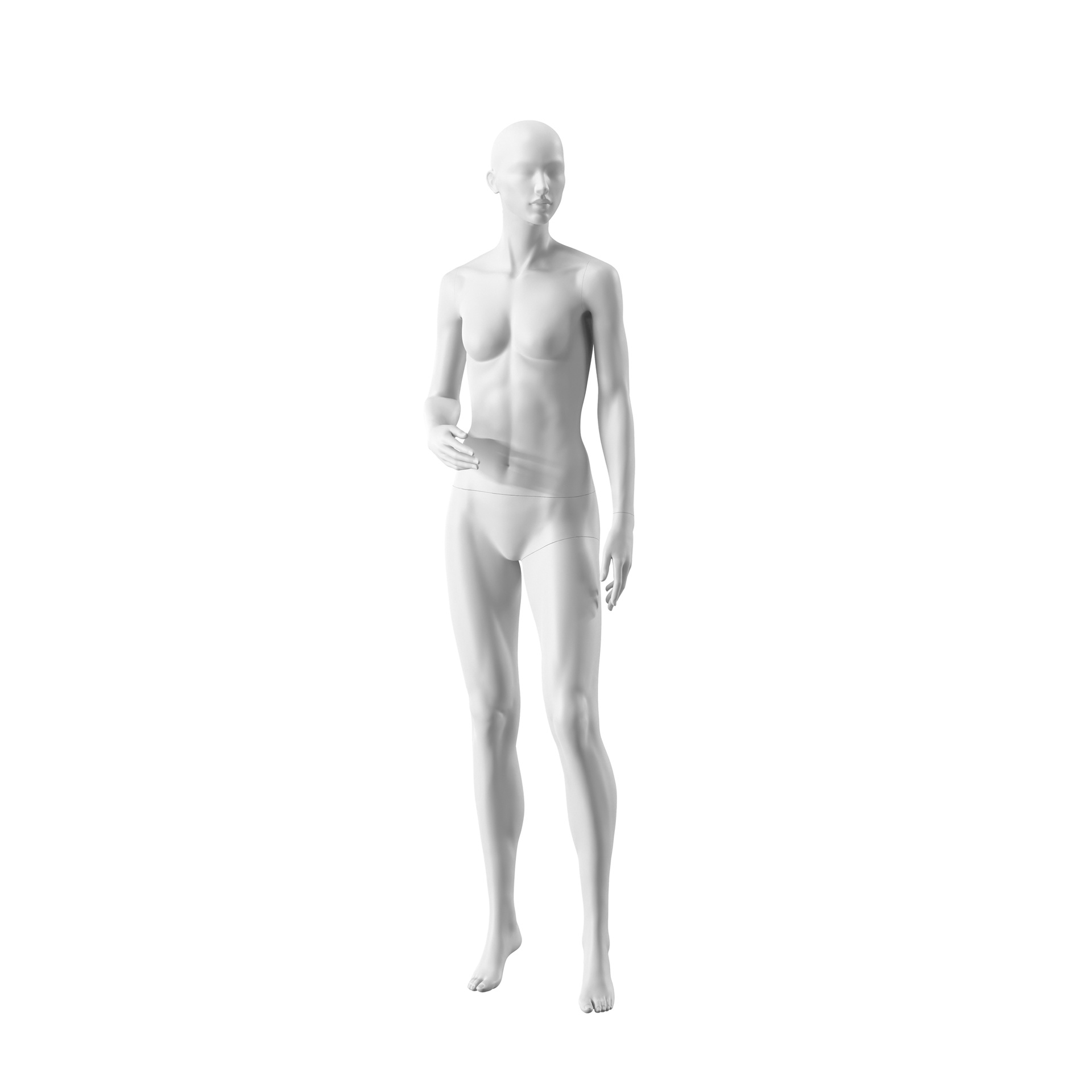 BINK - White female mannequin, abstract head with nose and mouth, round glass base, pose 006