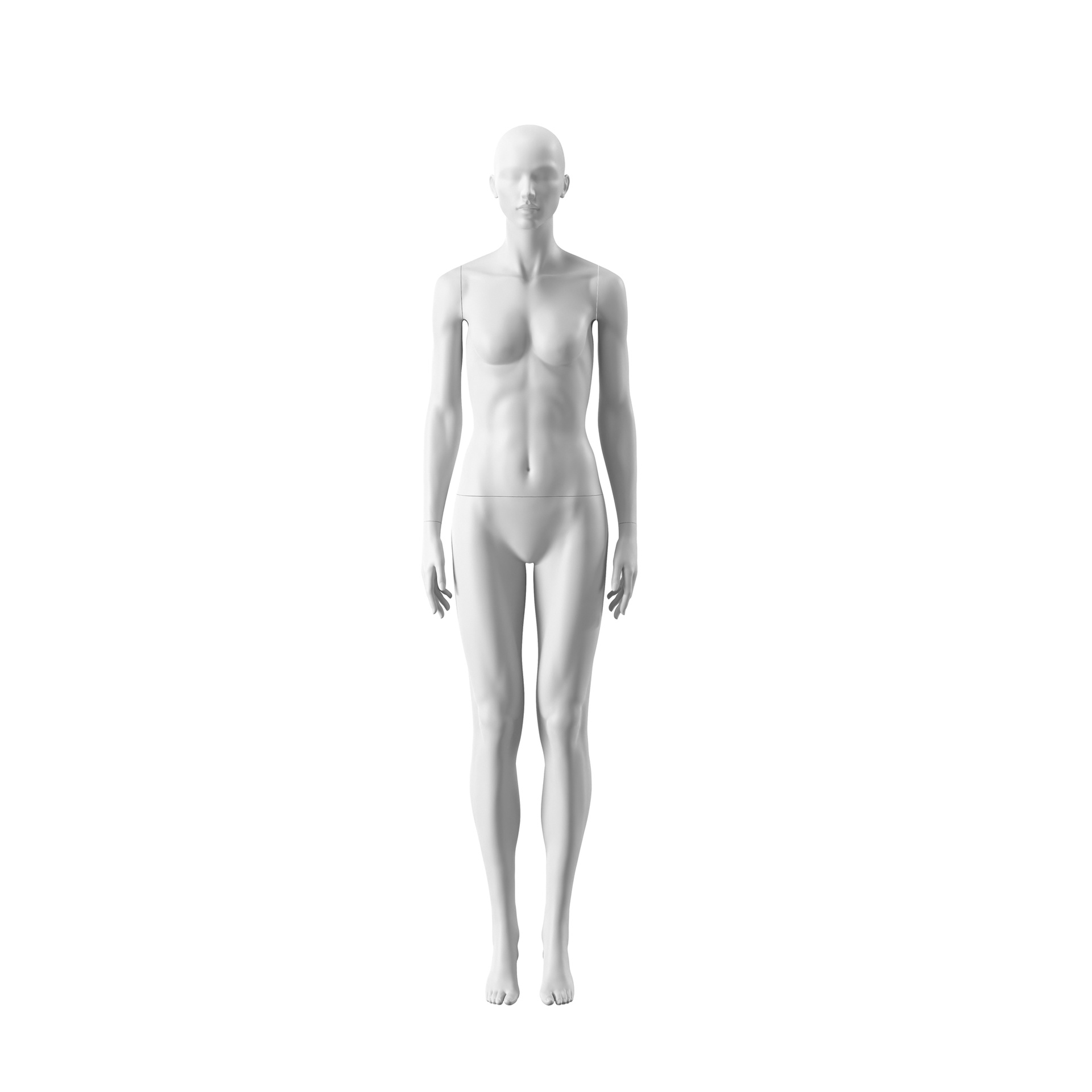BINK - White female mannequin, abstract head with nose and mouth, round glass base, pose 007