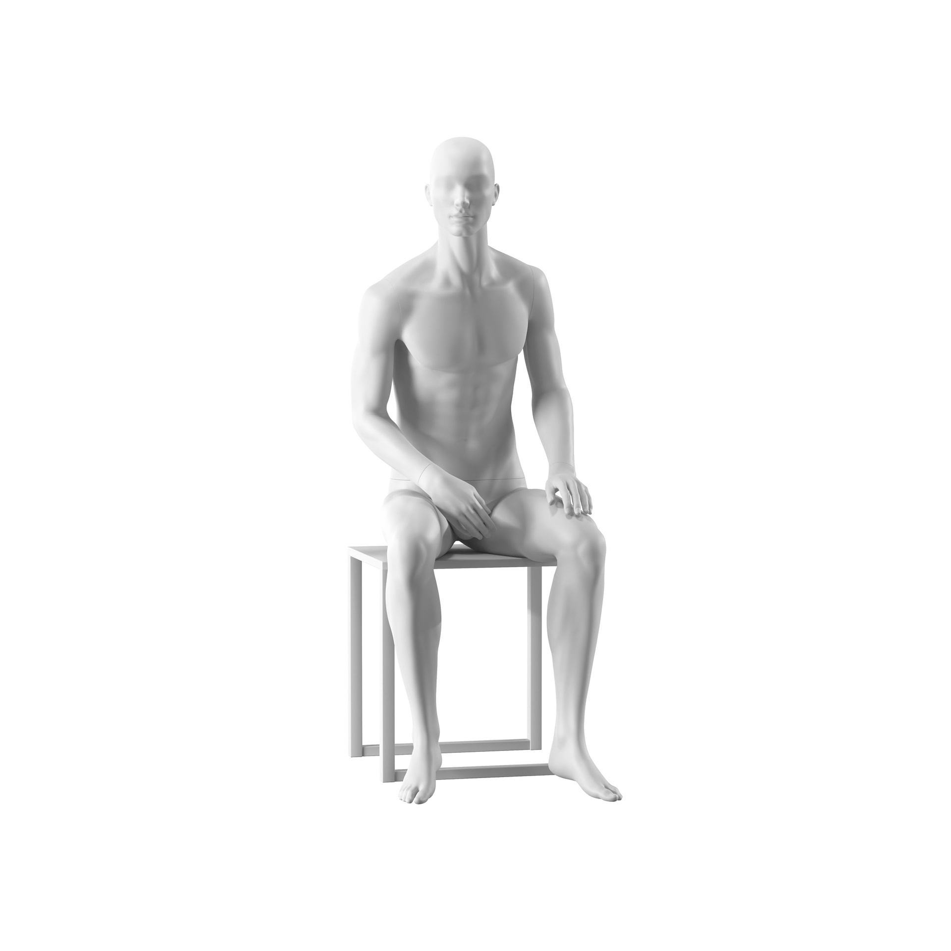 BINK - White male mannequin, abstract head with nose and mouth, round glass base, pose 304