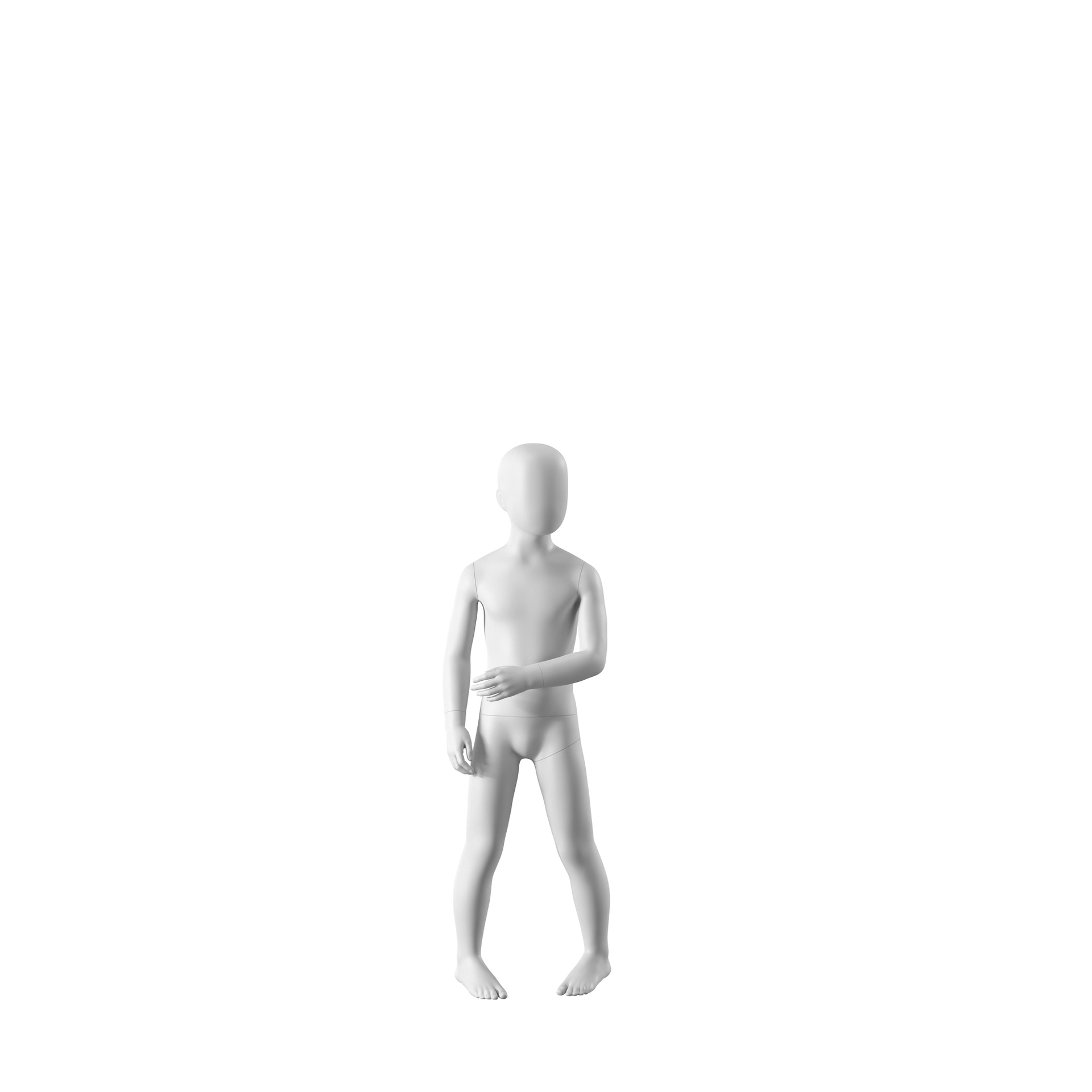 BINK - White abstract child mannequin, with abstract head, 6 years, white powdercoated base, pose CM303