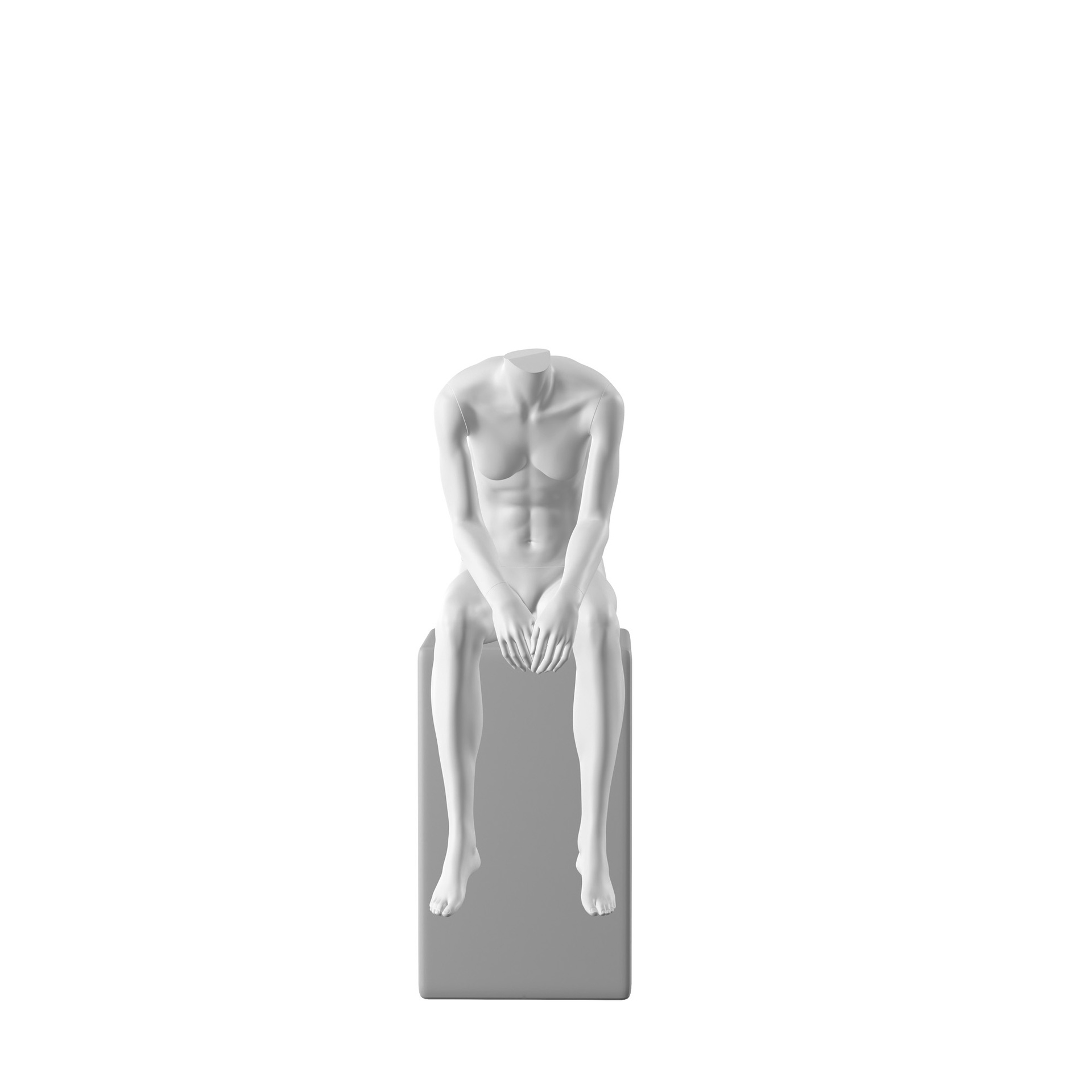 BINK - For Rent realistic mannequin, female, urban style, matt white, headless, seated pose 001