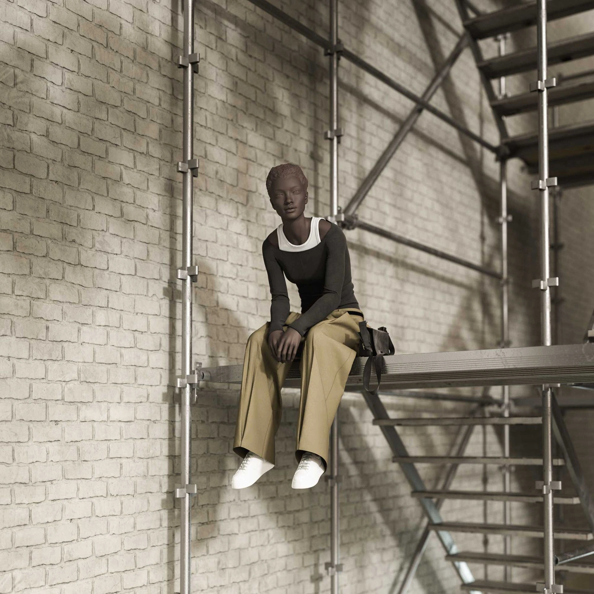 Realistic mannequin, female, urban style, matt white, seated pose 001