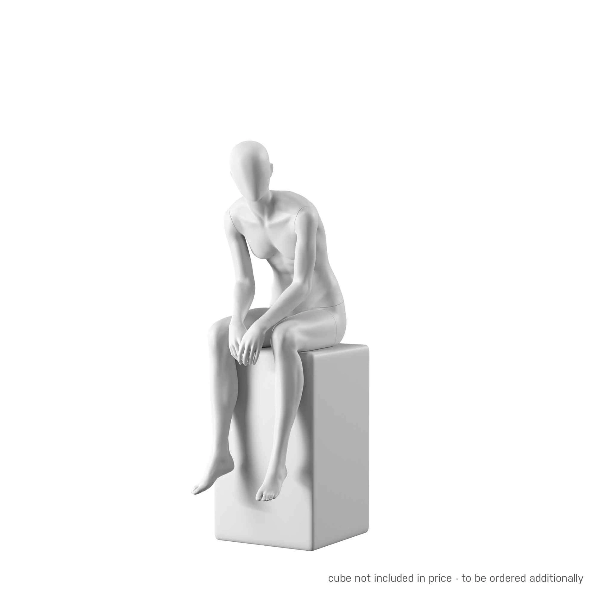 Realistic mannequin, female, urban style, matt white, seated pose 001