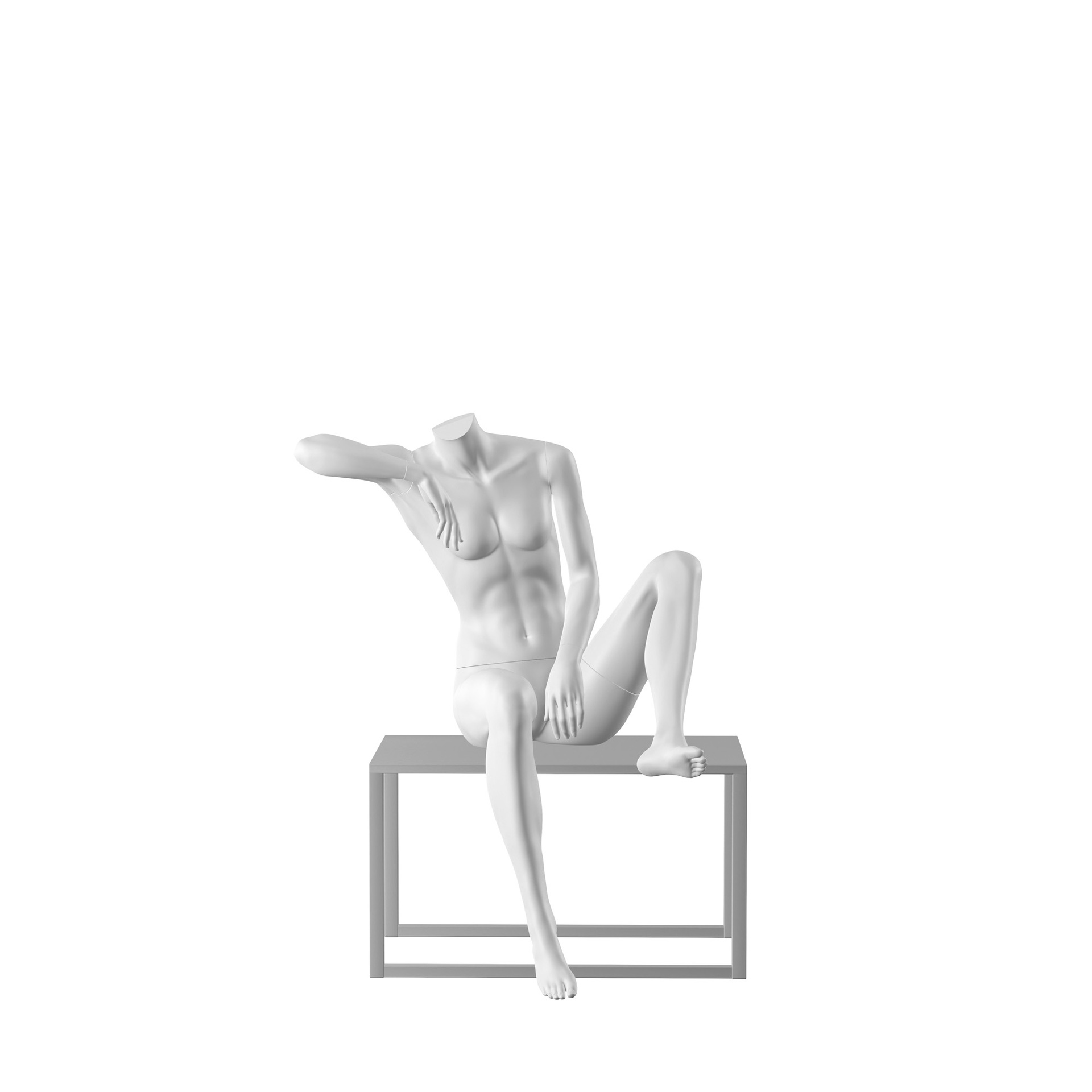 For Rent realistic mannequin, female, urban style, matt white, headless, seated 